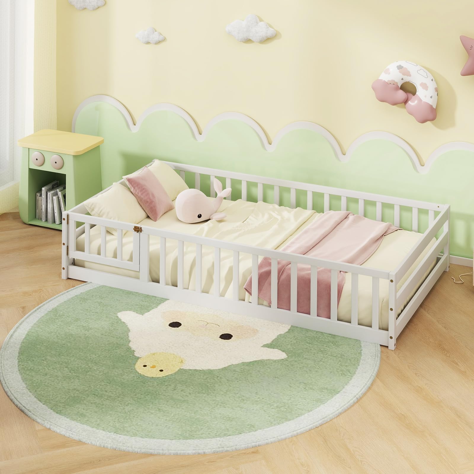 Montessori Twin Floor Bed for Kids - Wooden Low Bed with Safety Guardrails & Door, No Box Spring Needed, White | Ideal for Toddlers, Boys & Girls - Perfect for Montessori Rooms, Playrooms & Safe Sleep Spaces