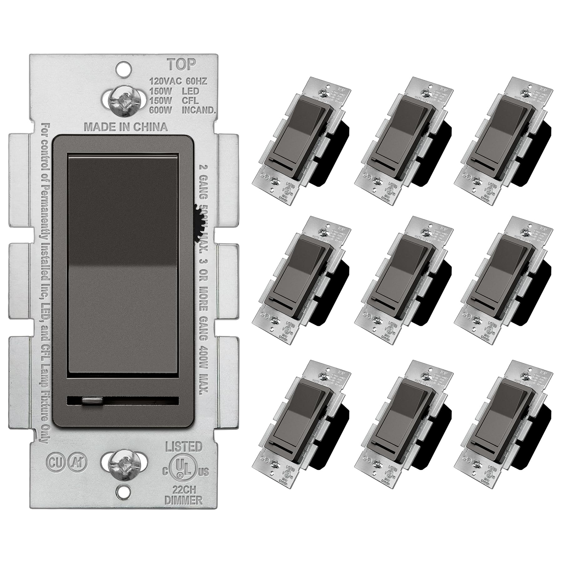 BESTTEN 10 Pack Matte Brown Light Switch - Single Pole or 3-Way Dimmable for LED, CFL, Incandescent & Halogen Bulbs, 120VAC, UL Listed - Perfect for Bedroom, Living Room & Home Lighting Control