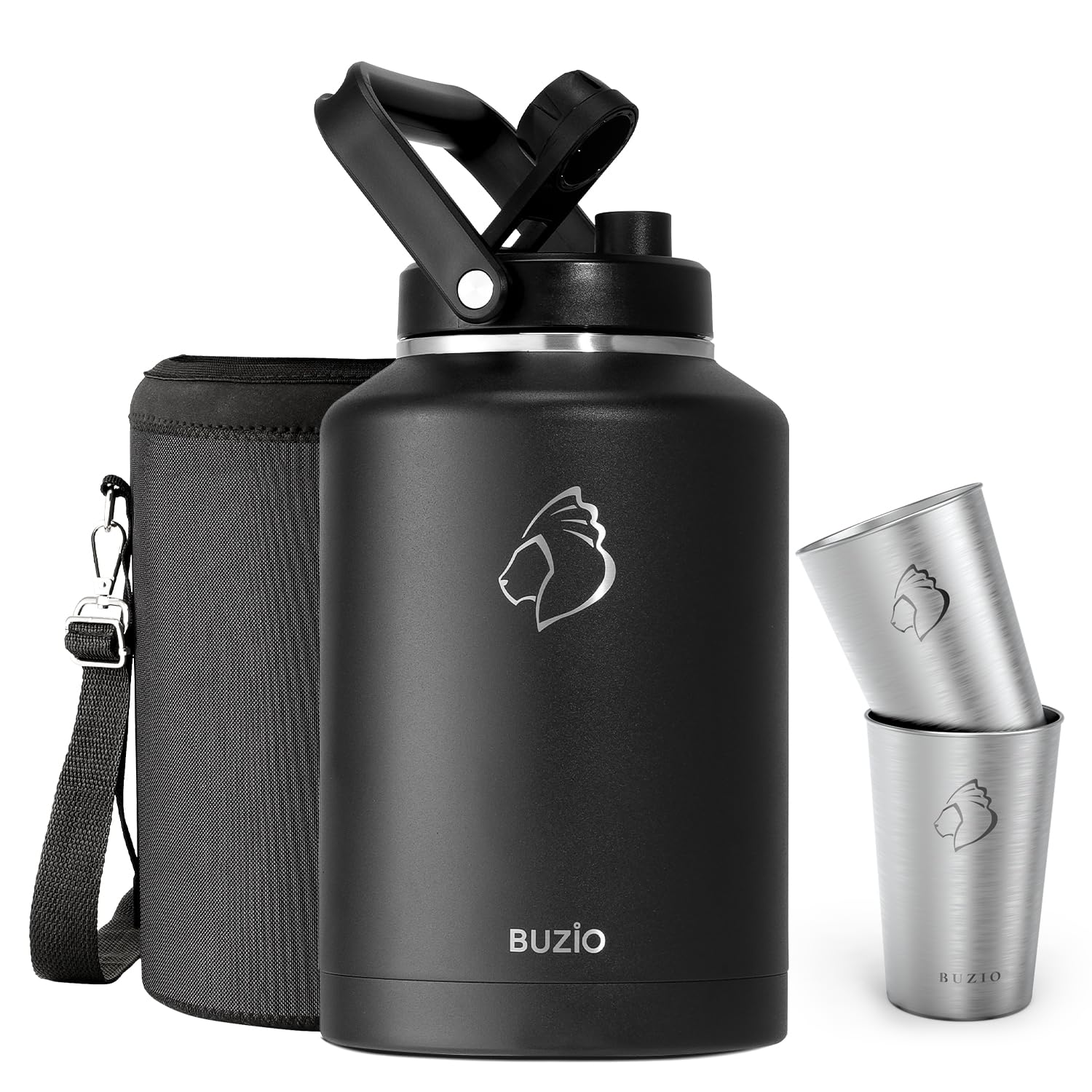 BUZIO 1.5 Gallon (192 oz) Stainless Steel Insulated Water Bottle - Double Wall Vacuum Leak Proof Flask with 2 Cups - Keeps Cold 48 Hours - Large Metal Canteen for Camping, Hiking, Gym, Office & Outdoor Activities