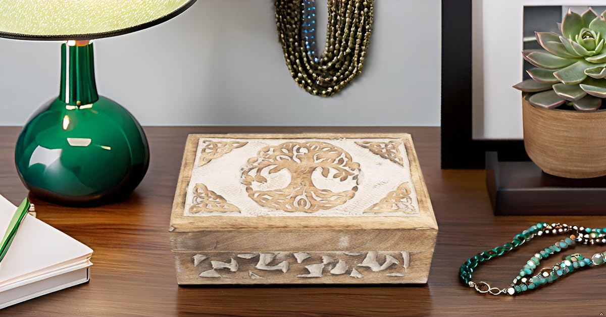 Handmade Wooden Jewelry Box with Tree of Life Carving - Jewelry Organizer, Keepsake Box, Treasure Chest & Watch Storage - Perfect Birthday, Housewarming Gift for Women - Ideal for Home Decor, Jewelry Display & Gift Giving