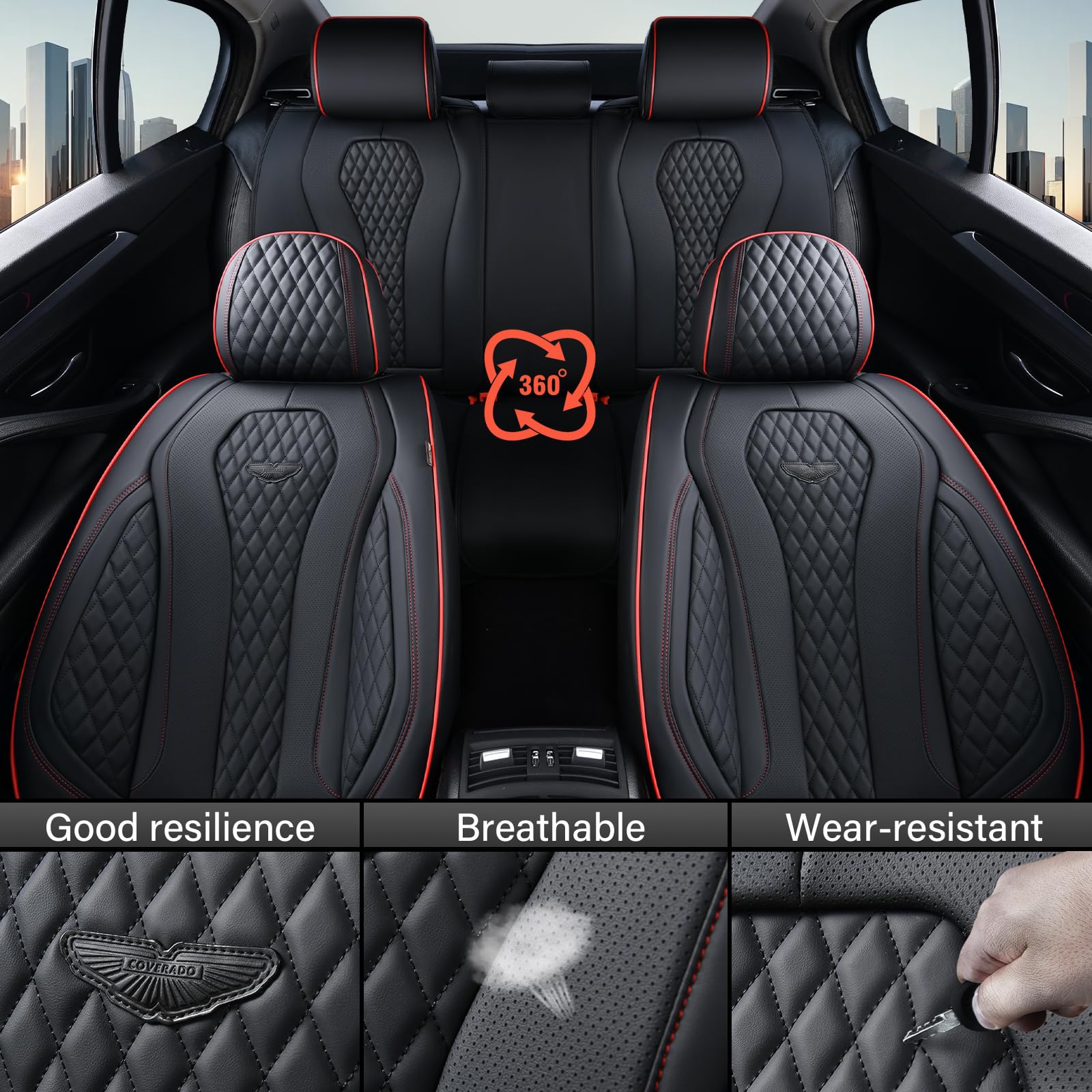 Universal Waterproof Car Seat Covers Full Set - Black with Red Stitching | Front & Back Seat Protectors for Most Vehicles | Perfect for Pets, Kids & Daily Commute