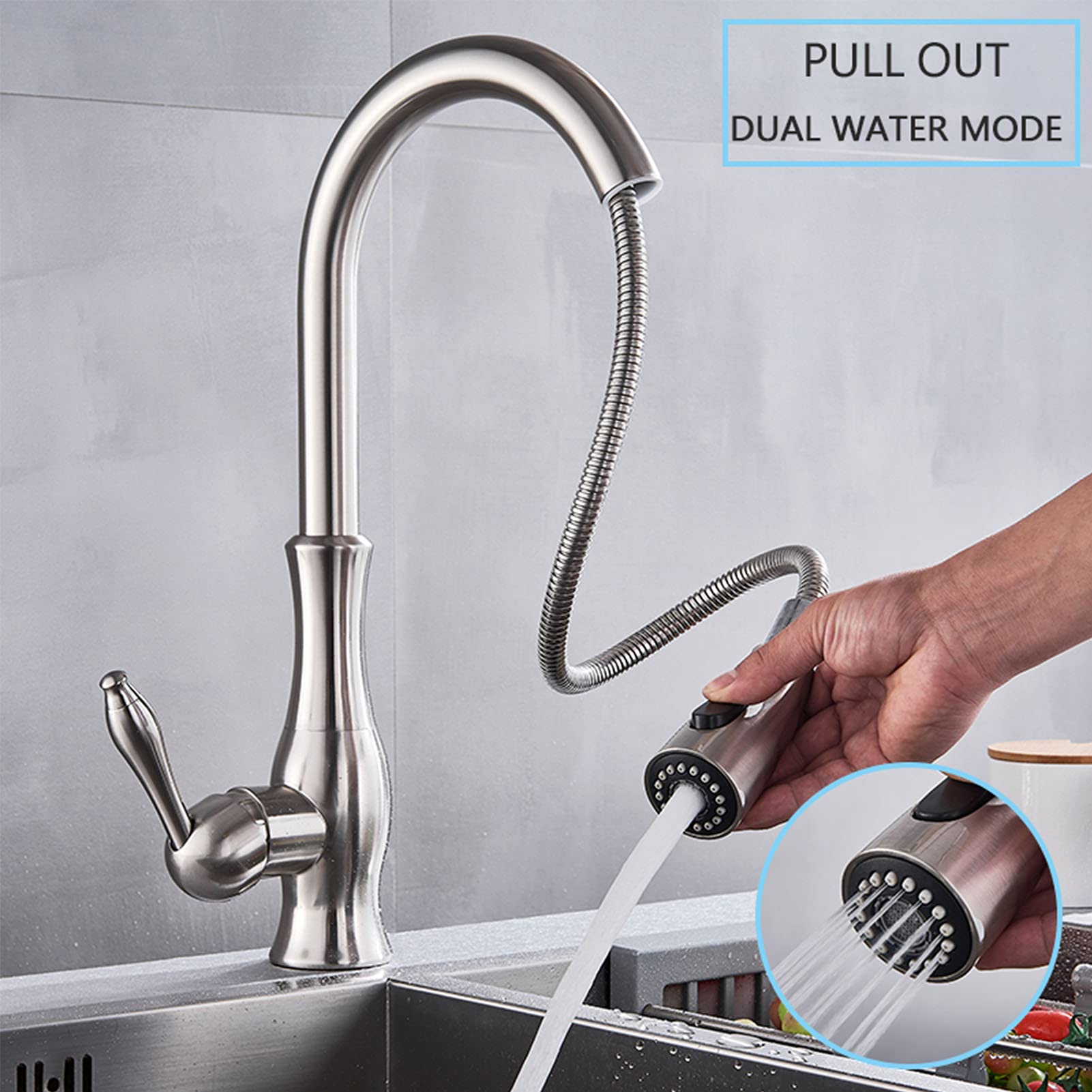 Modern Single Handle Kitchen Faucet with Pull Down Sprayer & 360° Swivel - Brushed Nickel for Easy Cooking