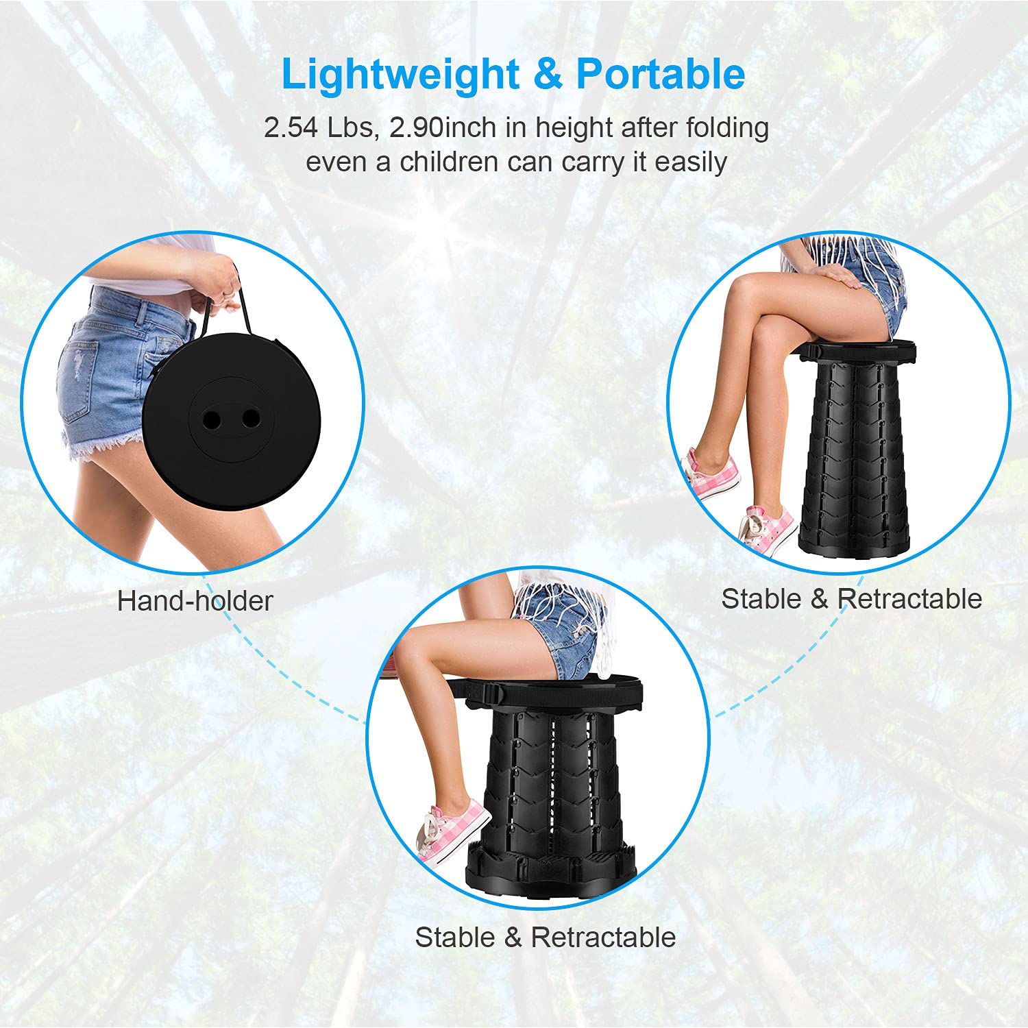 Telescoping Stool - Portable Collapsible Folding Stool with 330 lb Weight Capacity for Camping, Fishing, BBQ, Hiking & Outdoor Activities - Compact Retractable Seat for Travel, Garden, Poolside & Picnics