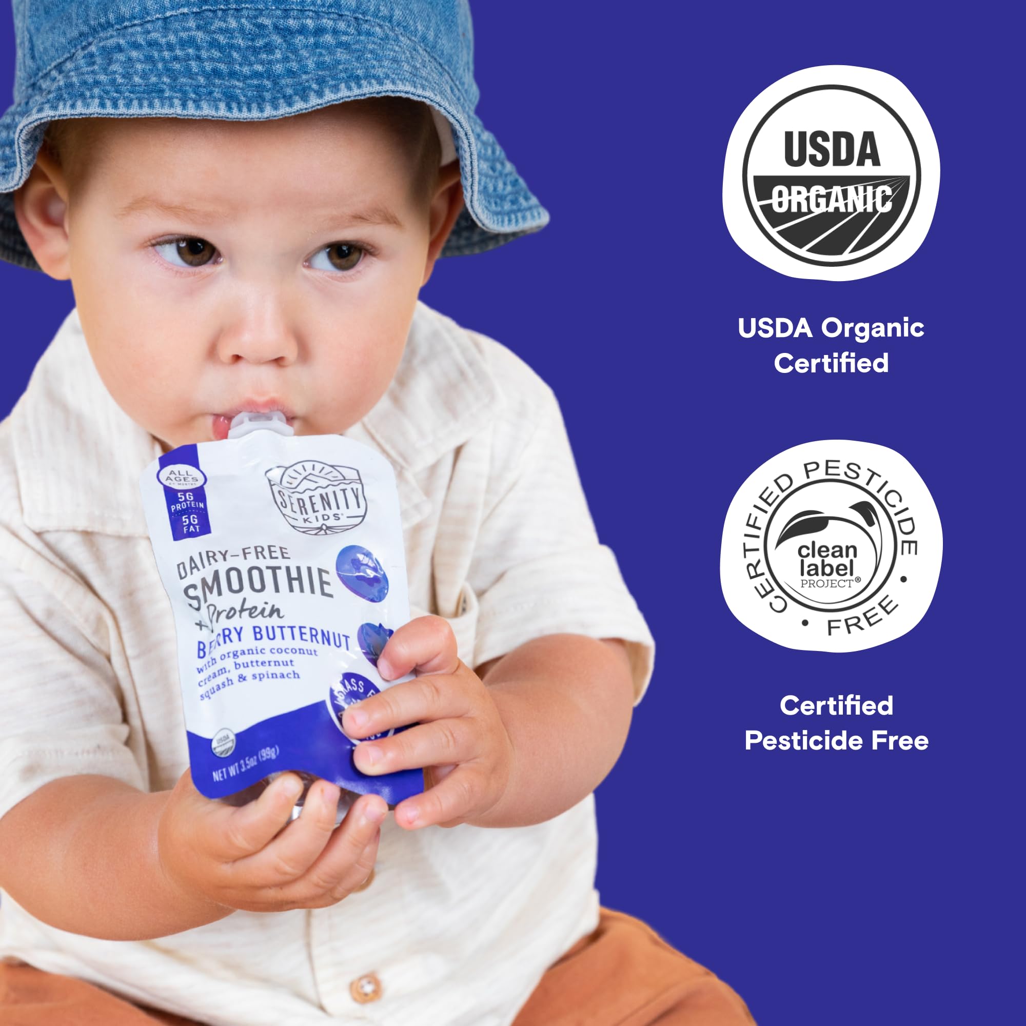 Serenity Kids Organic Baby Food Pouch - Dairy Free Smoothie for 6+ Months - USDA Organic, Grass Fed Collagen Protein - 3.5oz BPA-Free (Berry Butternut, 6 Pack) | Perfect for On-the-Go Feeding & Toddler Snacks
