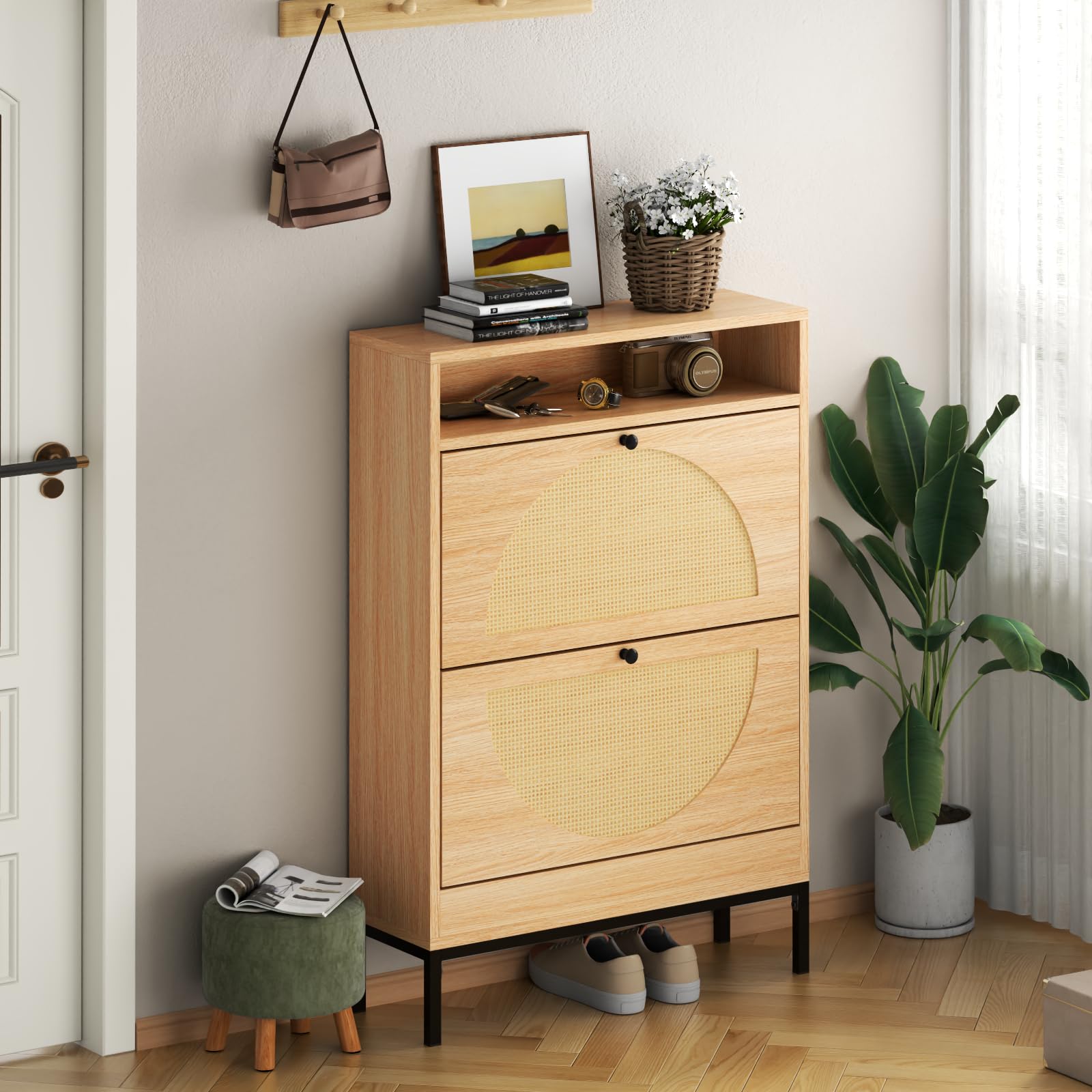 Rattan Shoe Cabinet with 2 Flip Drawers - Slim Shoe Closet Organizer, Hidden Shoe Storage for Entryway, Hallway, Living Room - Perfect for Small Spaces & Apartment Decor