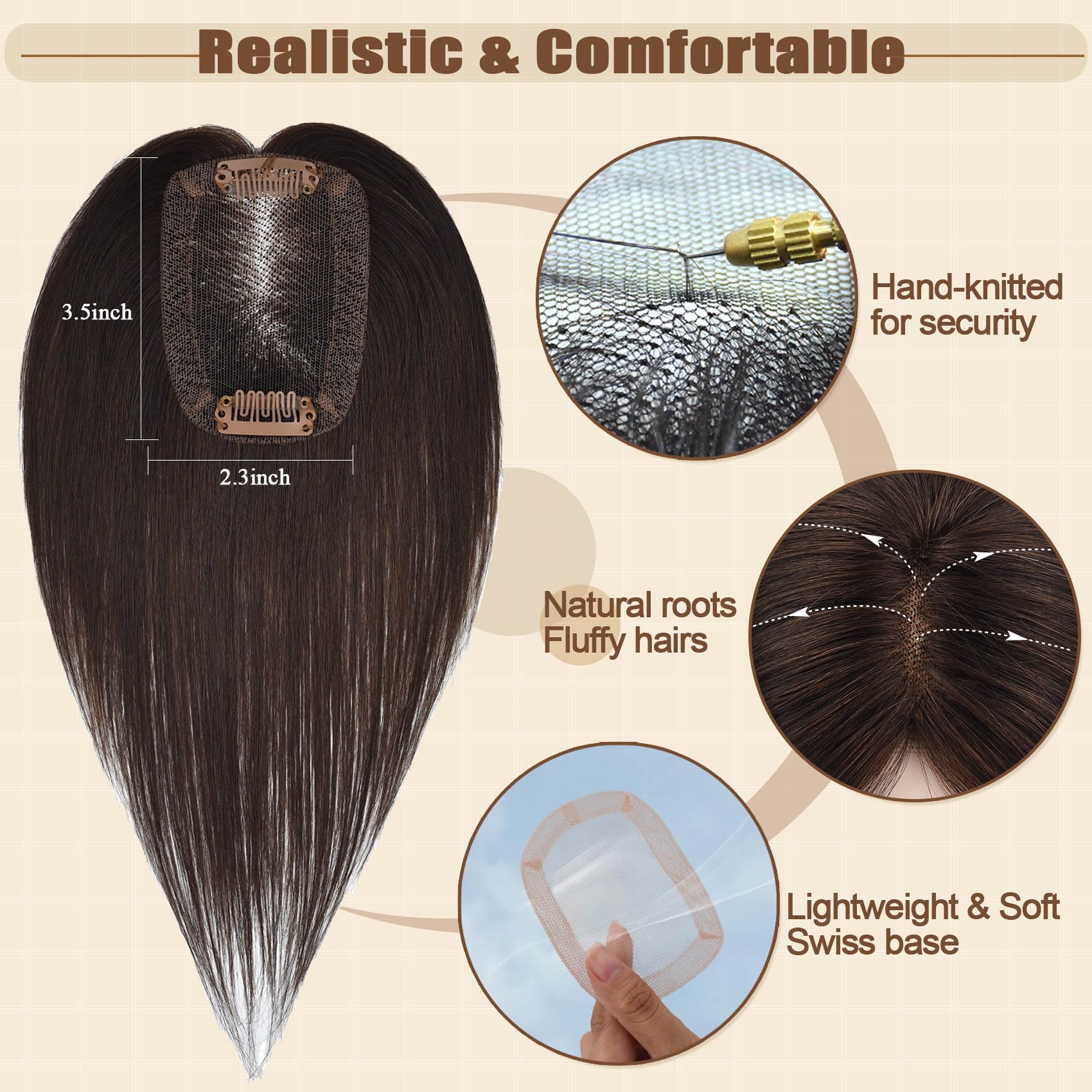 JGS1996 Real Human Hair Toppers for Women - Handmade Lace Base Remy Hair Wiglets for Thinning Hair - No Bangs Clip-in Hair Extensions 14 Inch Dark Brown - Perfect for Daily Wear, Special Occasions & Hair Loss Solutions