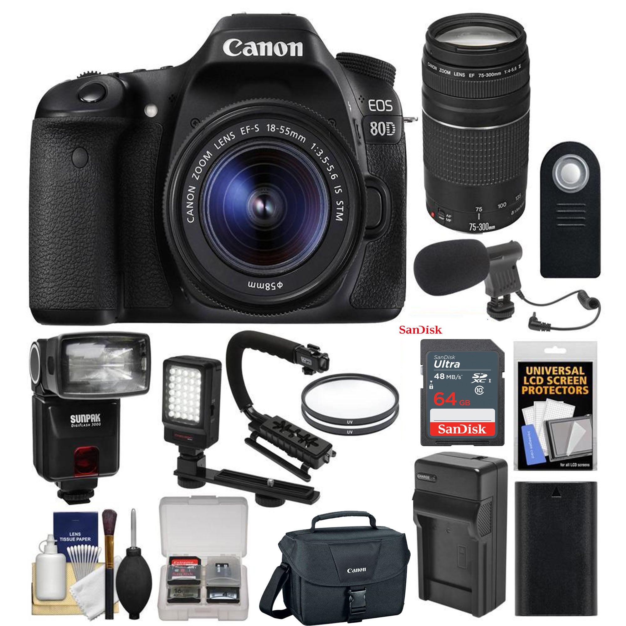 Canon EOS 80D WiFi DSLR Camera with 18-55mm & 75-300mm Lenses, 64GB Memory, Battery, Case, Flash, LED Light, Mic & Stabilizer - Perfect for Photography, Vlogging & Travel