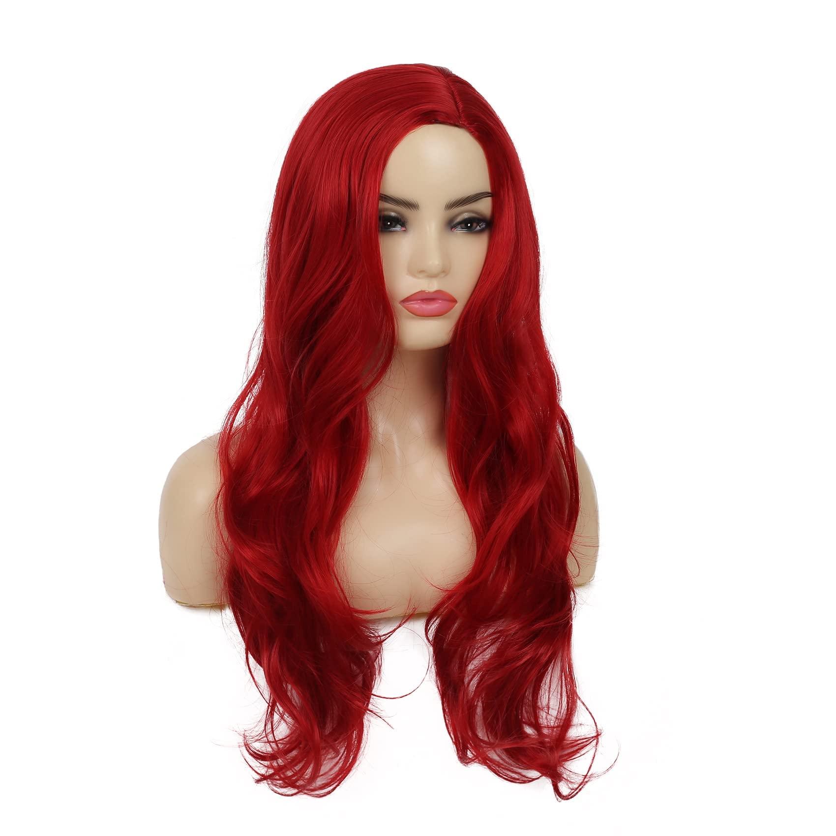 Long Wavy Red Wigs for Women - Heat Resistant Synthetic Hair with Natural Looking Side Part - Perfect for Cosplay, Halloween Parties & Costume Events (Bright Red)