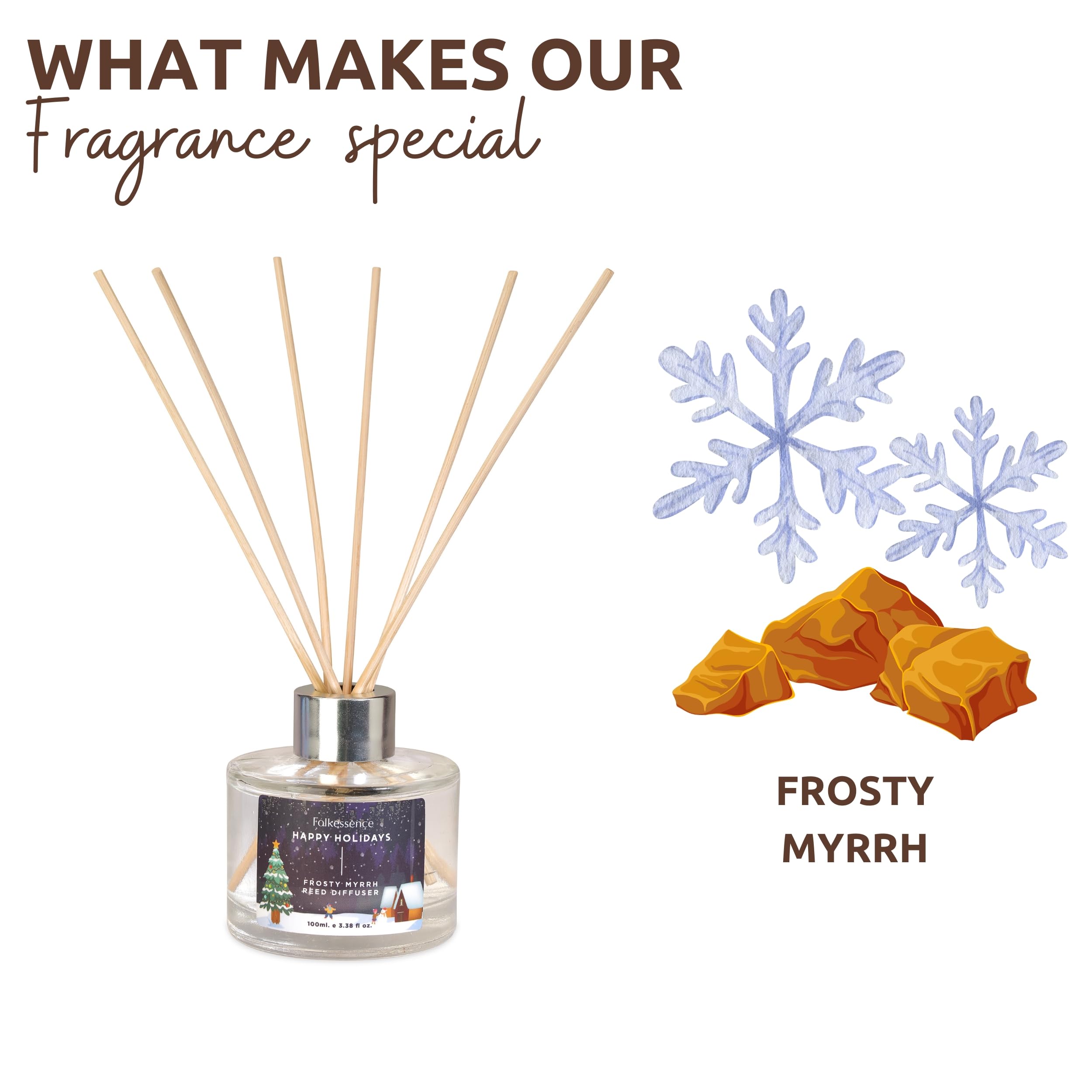 Folkulture Reed Diffusers for Home - 3.38 fl oz Aromatic Oil Diffuser with 6 Reed Sticks | Frosty Myrrh Scent | Perfect for Bathroom Decor, Living Room, Bedroom & Guest Bathroom Essentials