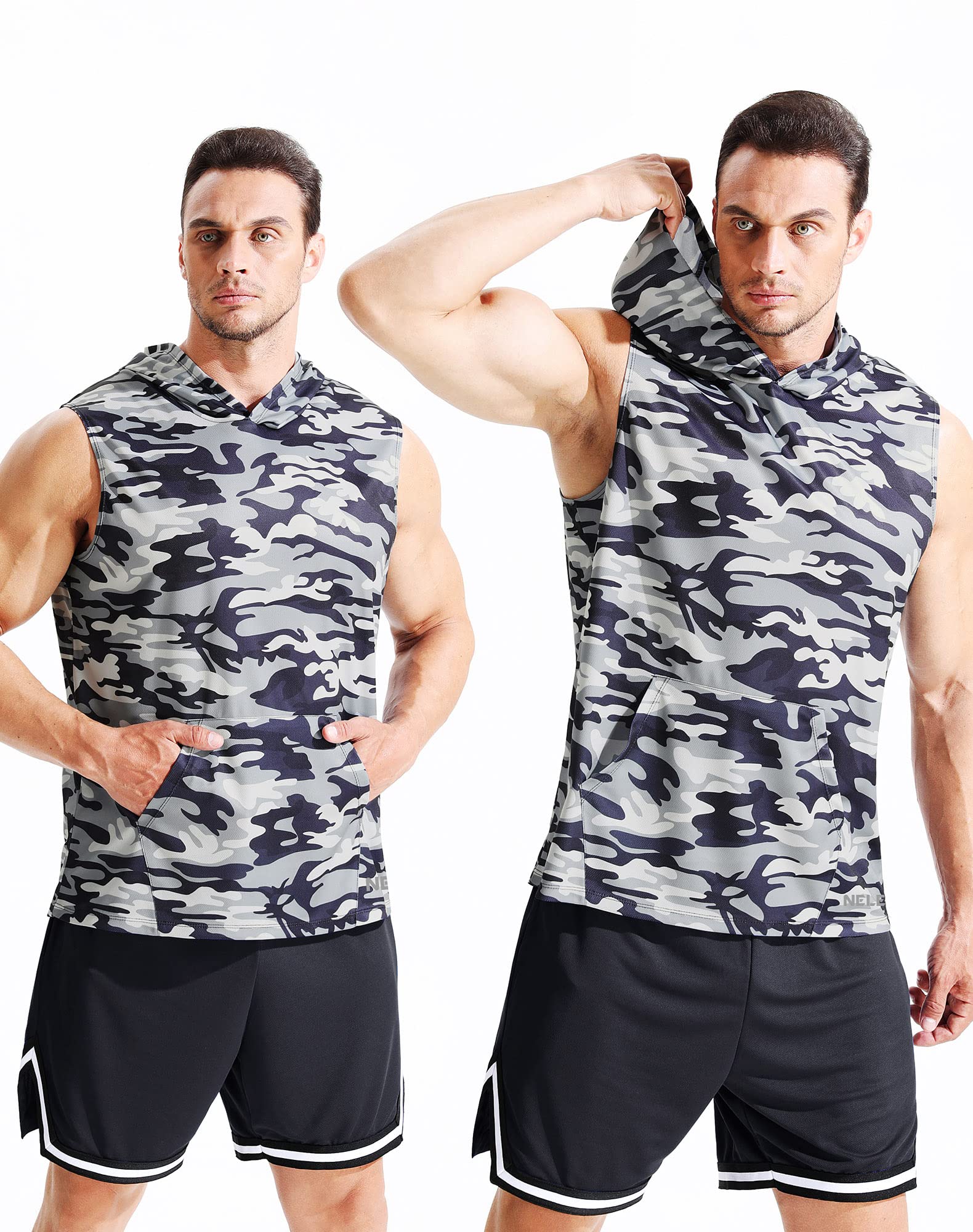 Neleus Men's Running Tank Tops 3 Pack - Breathable Sleeveless Workout Shirts with Hoods for Gym, Jogging & Outdoor Sports | Moisture-Wicking Athletic Tops