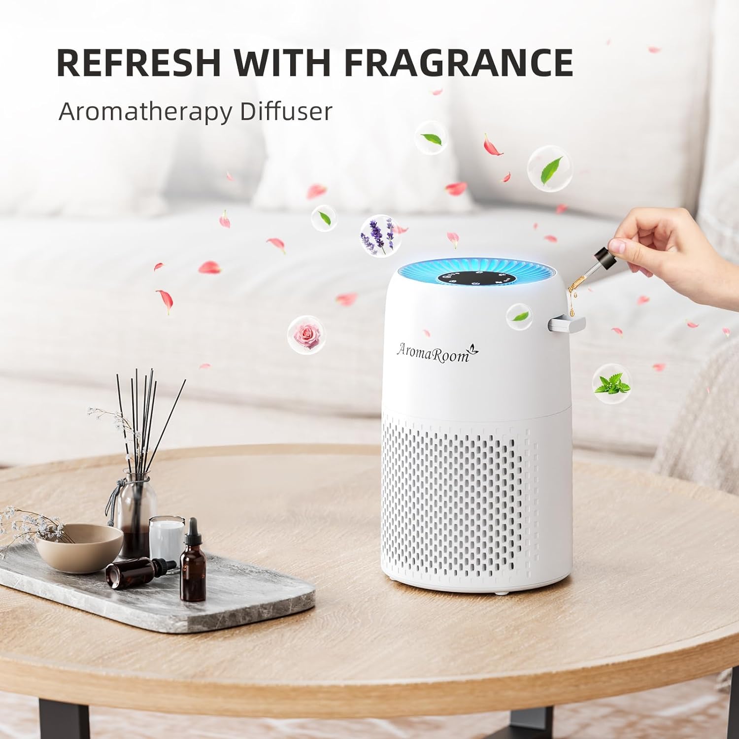 AromaRoom AP100 H13 True HEPA Air Purifier for Bedroom & Home - Portable Air Cleaner for Smoke, Allergies, Pet Hair, Dust & Odors with Fragrance Sponge & RGB Night Light (White) - Perfect for Nursery, Office & Small Spaces