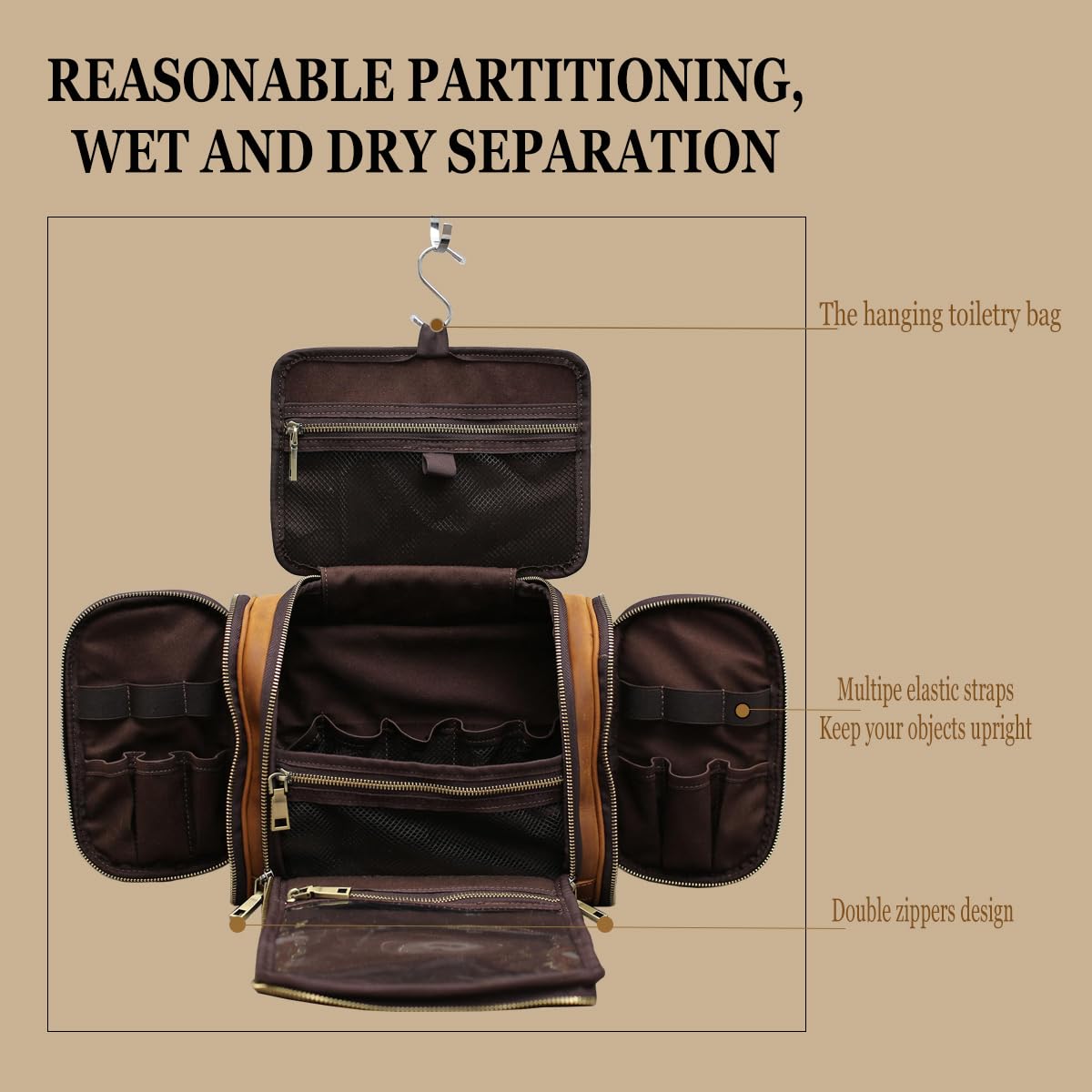 Premium Genuine Leather Hanging Toiletry Bag for Men & Women - Personalized Travel Shaving Kit & Dopp Kit Organizer - Ideal for Groomsmen Gifts, Wedding Presents & Business Travel - Perfect for Camping, Gym & Vacation (Brown)