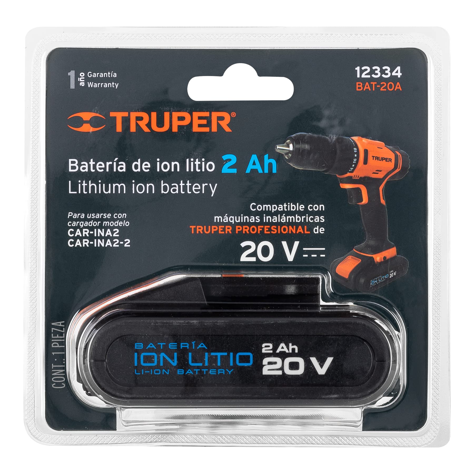 Truper 20V Lithium Ion Rechargeable Drill Battery - 2.0Ah, 20V, 400W Power, 20 Speed Settings - Portable & Durable for DIY Projects, Home Repairs, and Professional Power Tools