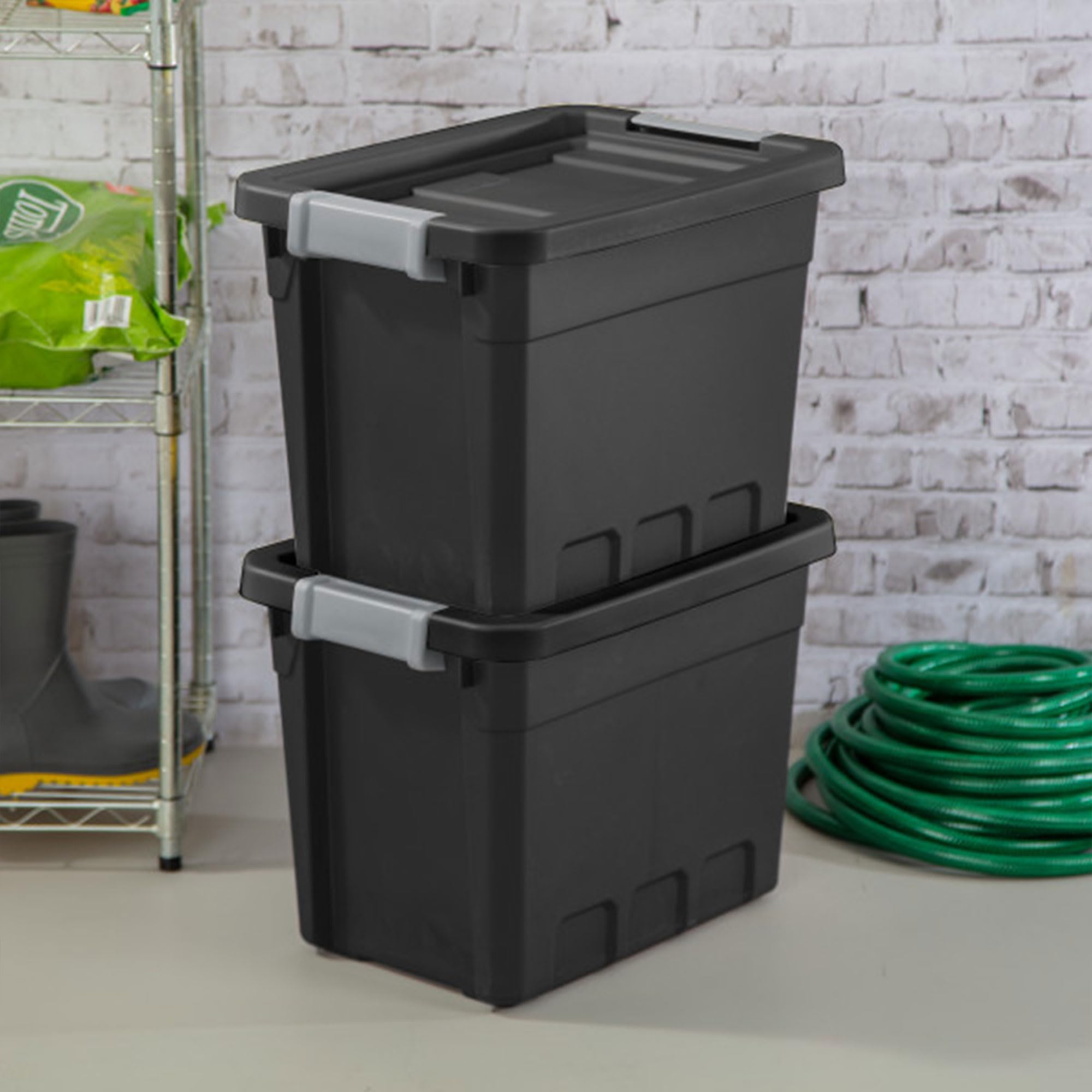 Sterilite 12-Pack 7.5 Gallon Black Plastic Storage Bins with Lids - Stackable Organizing Containers for Home, Office & Garage Organization