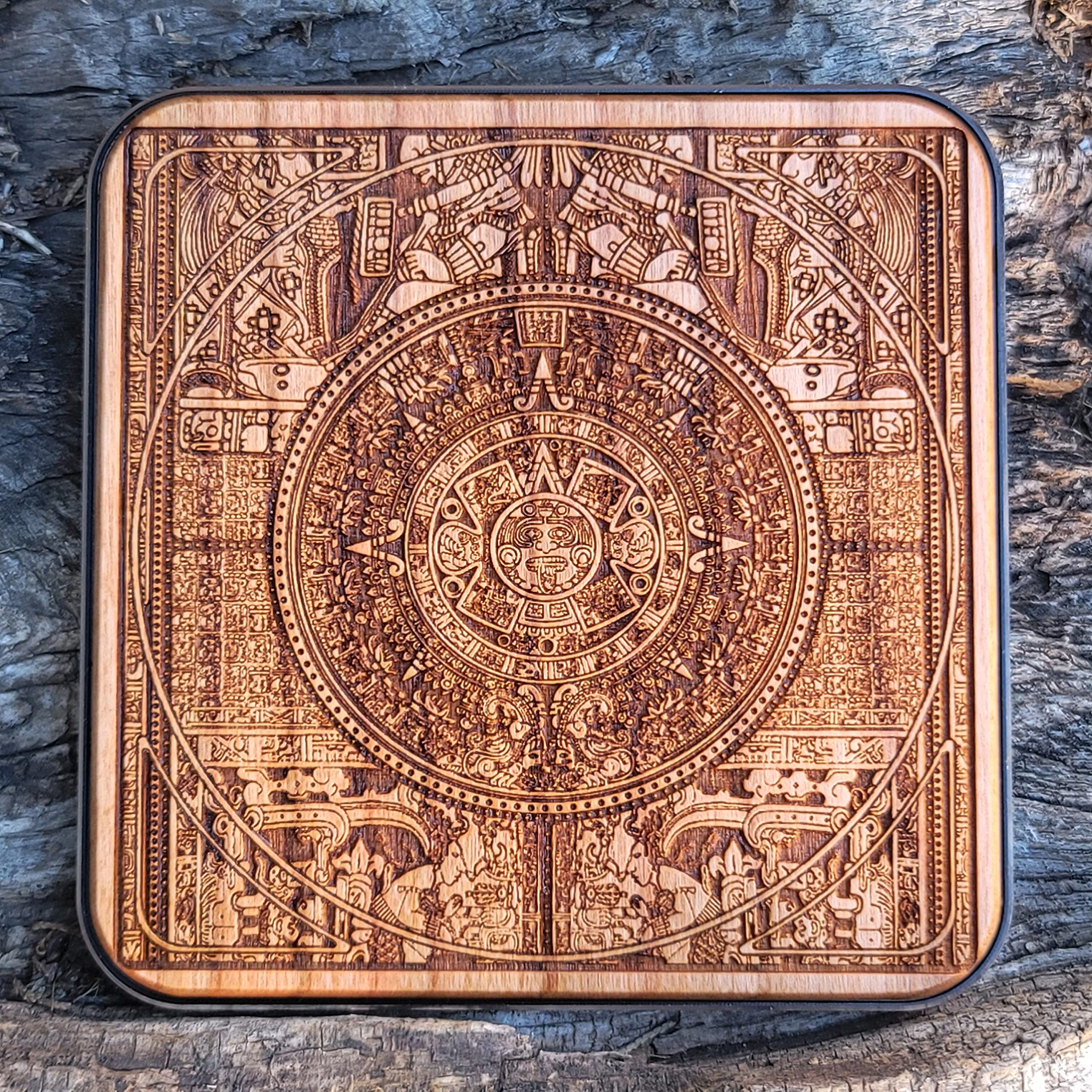 15W Fast Qi Wireless Charger Pad - Laser Engraved Aztec Calendar Cherry Wood with Black Aluminum Base | Compatible with iPhone 16, Galaxy S25/S24 | Tribal Art Desk Decor for Home & Office | Perfect Gift for Tech Lovers & Art Enthusiasts