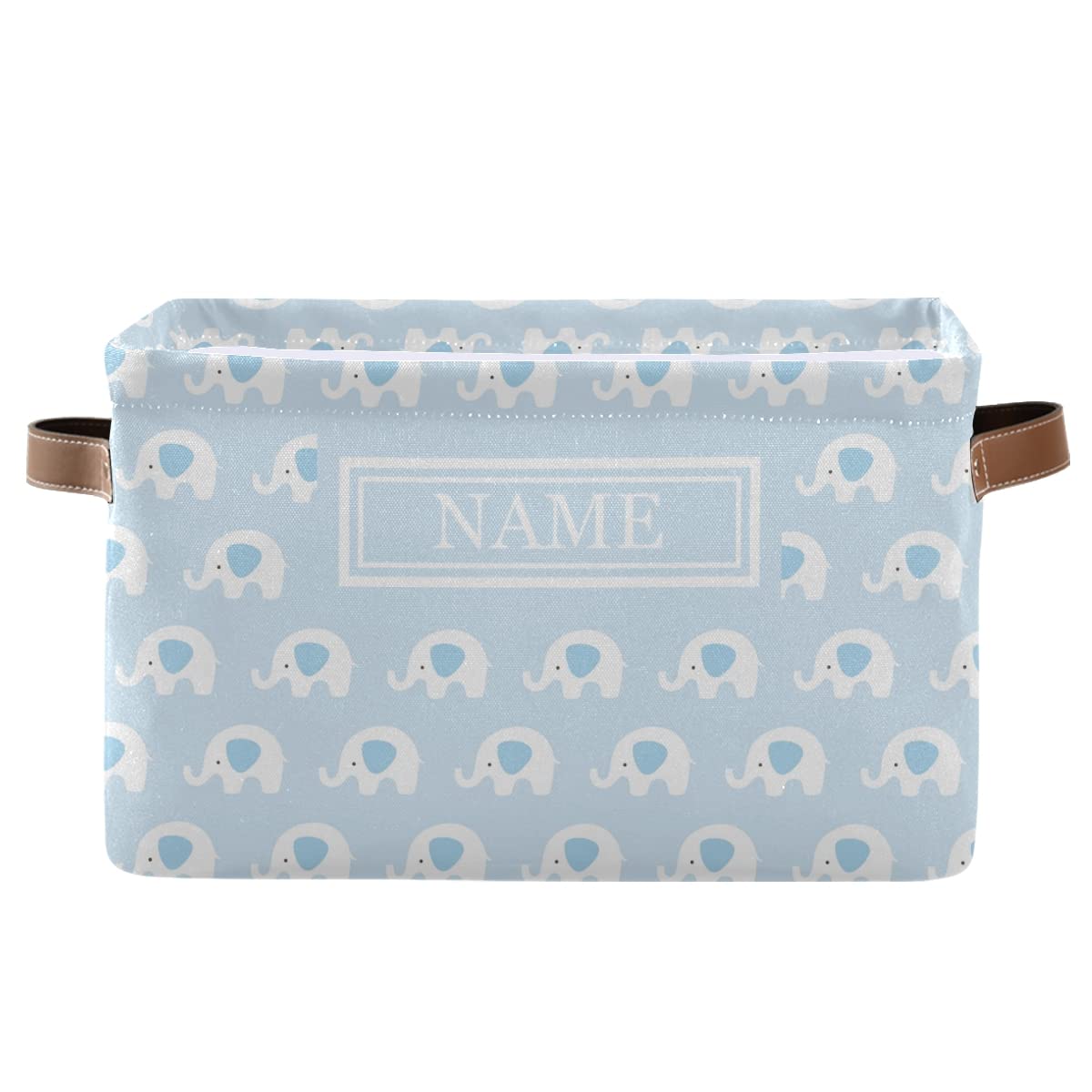 Custom Personalized Large Collapsible Storage Bins with Cute Elephant Design - Foldable Decorative Storage Box for Toys, Clothes & Pantry Organization | Blue Text Name Customization for Home & Nursery Storage Solutions