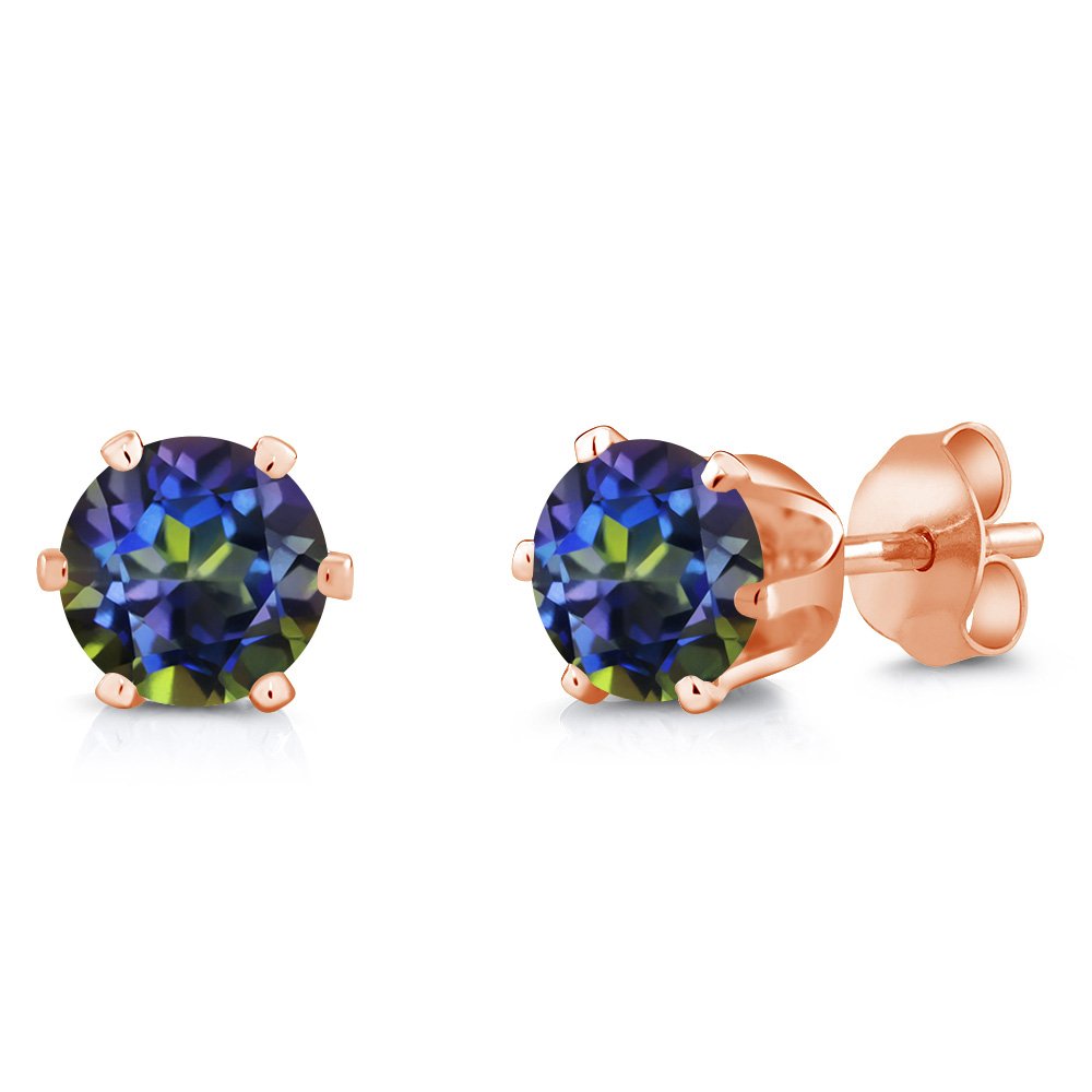 Blue Mystic Topaz Rose Gold Plated Stud Earrings for Women & Men – 1.60 Cttw November Birthstone Jewelry | 6MM Round Gemstone Earrings | Perfect Gift for Birthday, Anniversary & Special Occasions