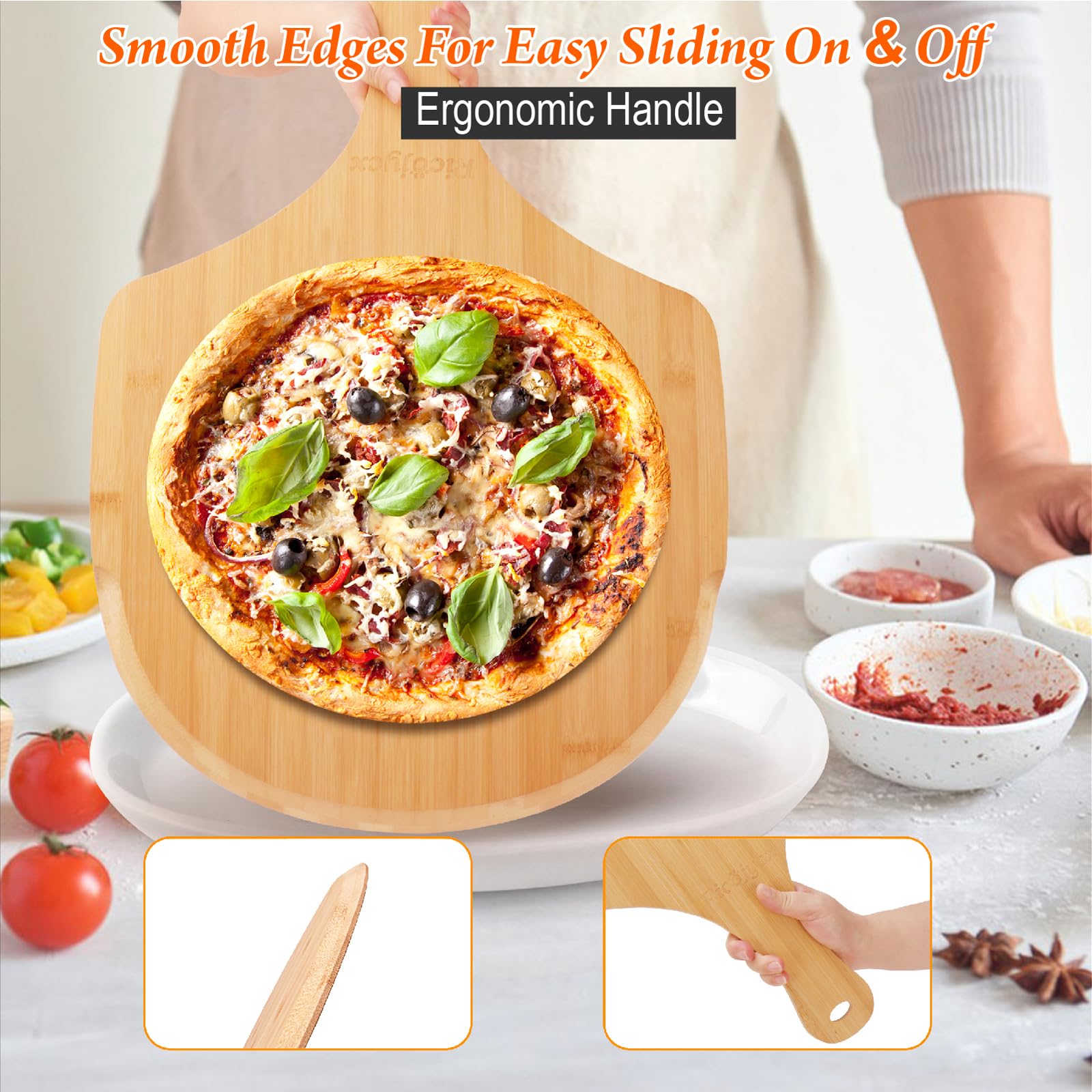 2 Pack 16 Inch Natural Bamboo Pizza Peel & Wooden Pizza Paddle - Multipurpose Cutting Board with Handle for Pizza, Bread, Cheese, Vegetables & Fruits - Perfect for Home Kitchen, Outdoor BBQ & Restaurant Use