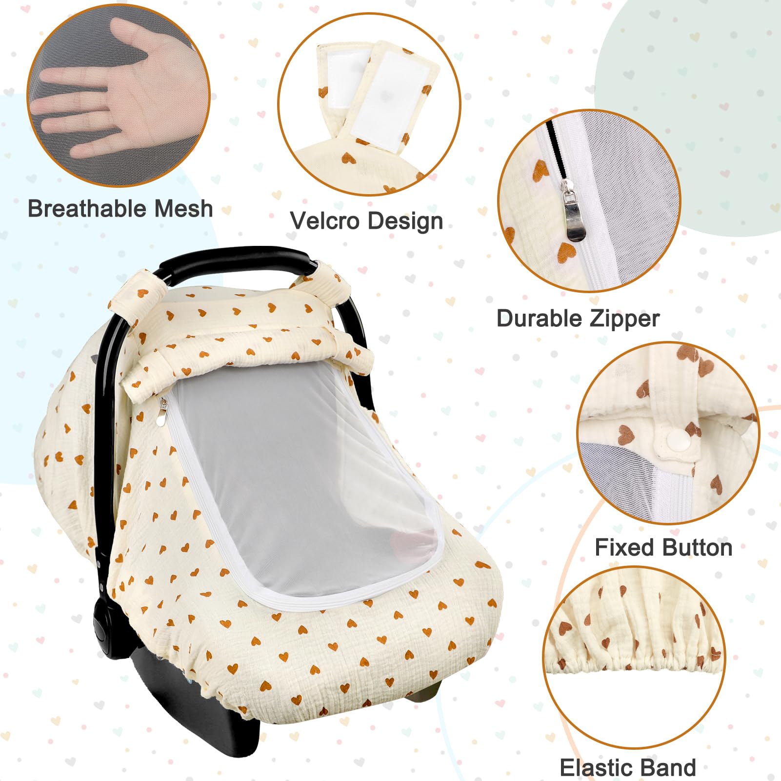 Hooyax Muslin Car Seat Cover for Babies - Ultra Soft, Breathable Universal Fit for Infants & Newborns | Summer Stroller & Car Seat Canopy Cover for Boys & Girls (Heart Design) - Perfect for Travel, Shopping & Outdoor Adventures