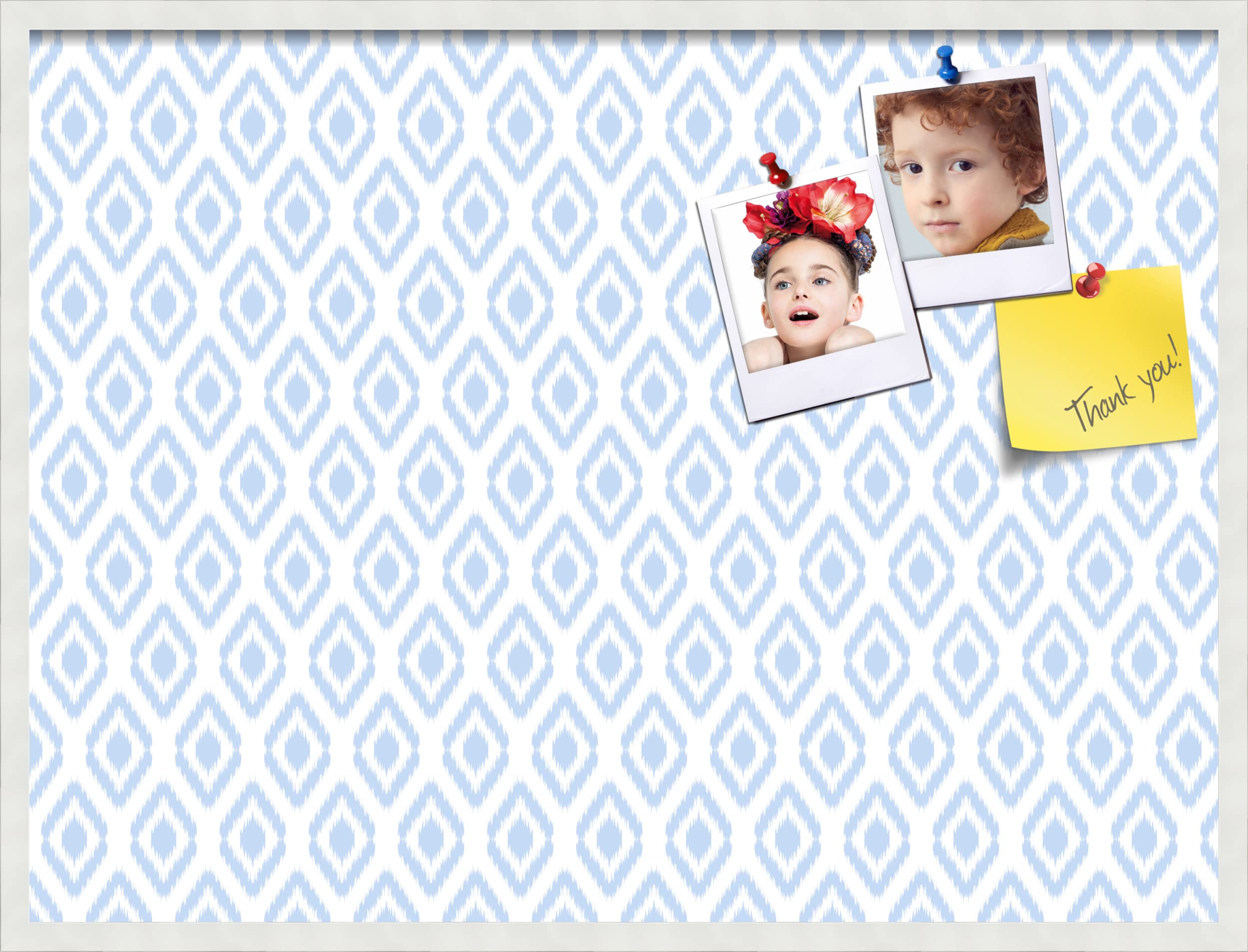 PinPix 40x30 Inch Cork Bulletin Board with Ikat Light Blue Design & Satin White Frame - Decorative Wall Pin Board for Home Office School Decor - Perfect for Notes, Photos, Reminders & Vision Boards