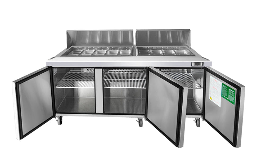 Atosa MSF8304 3-Door Commercial Sandwich Prep Refrigerator - Stainless Steel Work Table with Storage for Deli, Restaurant & Catering Use