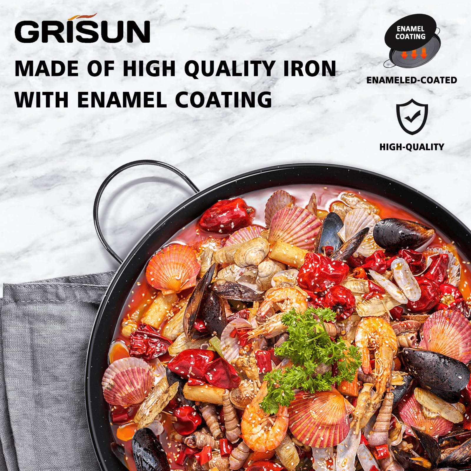 GRISUN 20-Inch Enameled Paella Pan – Nonstick Spanish Skillet for 14 Servings | Authentic Restaurant & Home Cooking | Perfect for Outdoor BBQs, Parties & Family Gatherings