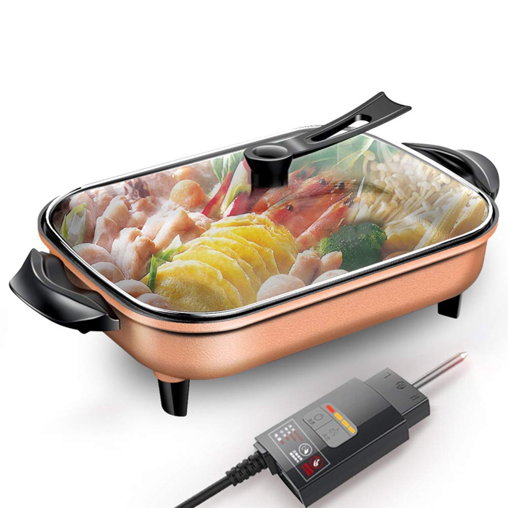 Sooiy 6L Electric Skillet with Glass Lid - Multi-Function Rectangular Gold Electric Frying Pan & Hot Pot for Picnic, Camping, and Home Cooking