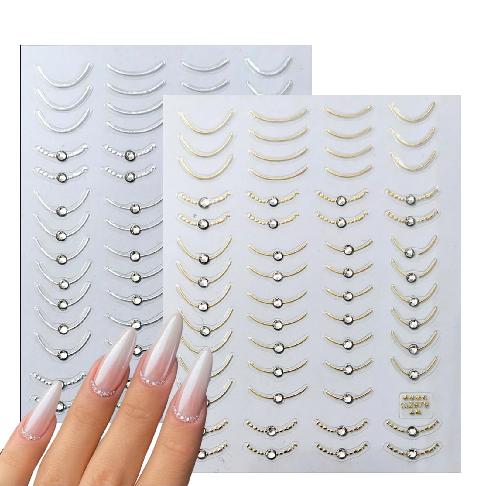 2 Pack 5D Crystal Diamond French Line Nail Art Stickers - Elegant Gold & Silver Nail Decals for Women | Perfect for Manicures, Parties, Weddings & Special Occasions