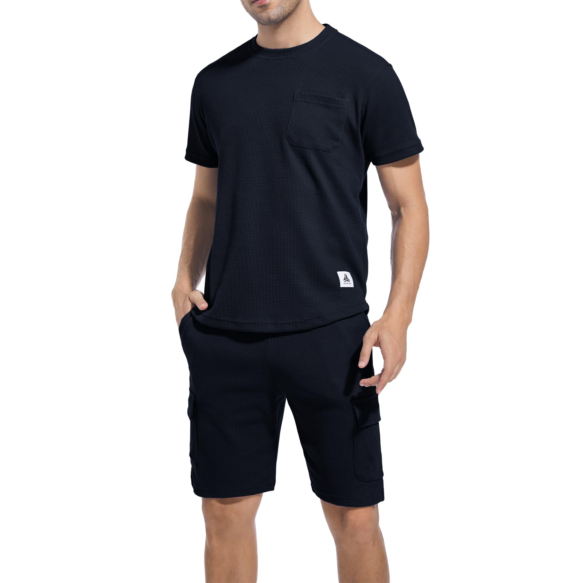 ANOTWENER Men's 2-Piece Summer Outfit - Casual Waffle Knit T-Shirt & Shorts Set for Beach Vacation, Pool Party, and Outdoor Activities