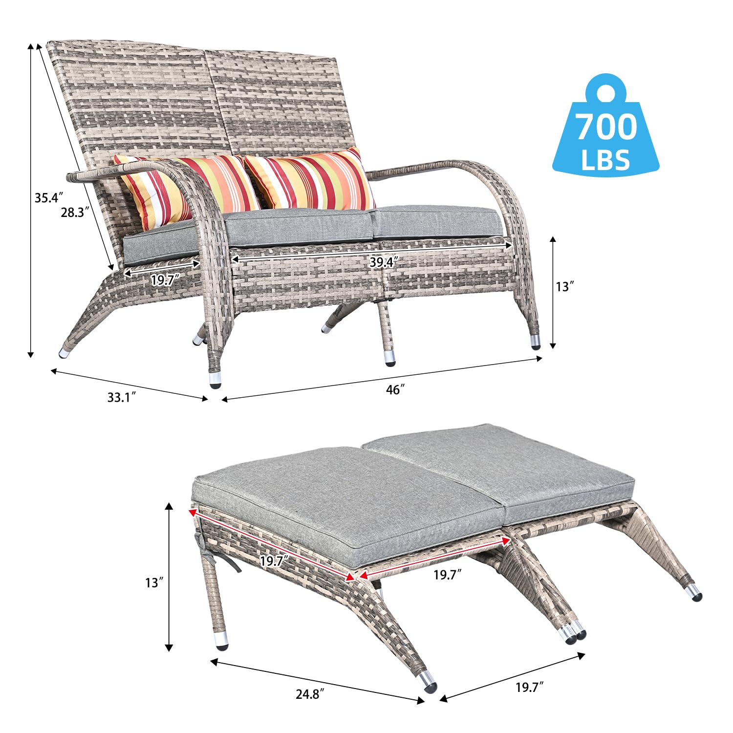 Outdoor Patio Wicker Loveseat Bench - Grey Rattan Double Adirondack Chairs with Ottoman Cushion, Comfortable Deep Seating High Back Fire Pit Chairs for Balcony, Garden, Backyard & Poolside Relaxation