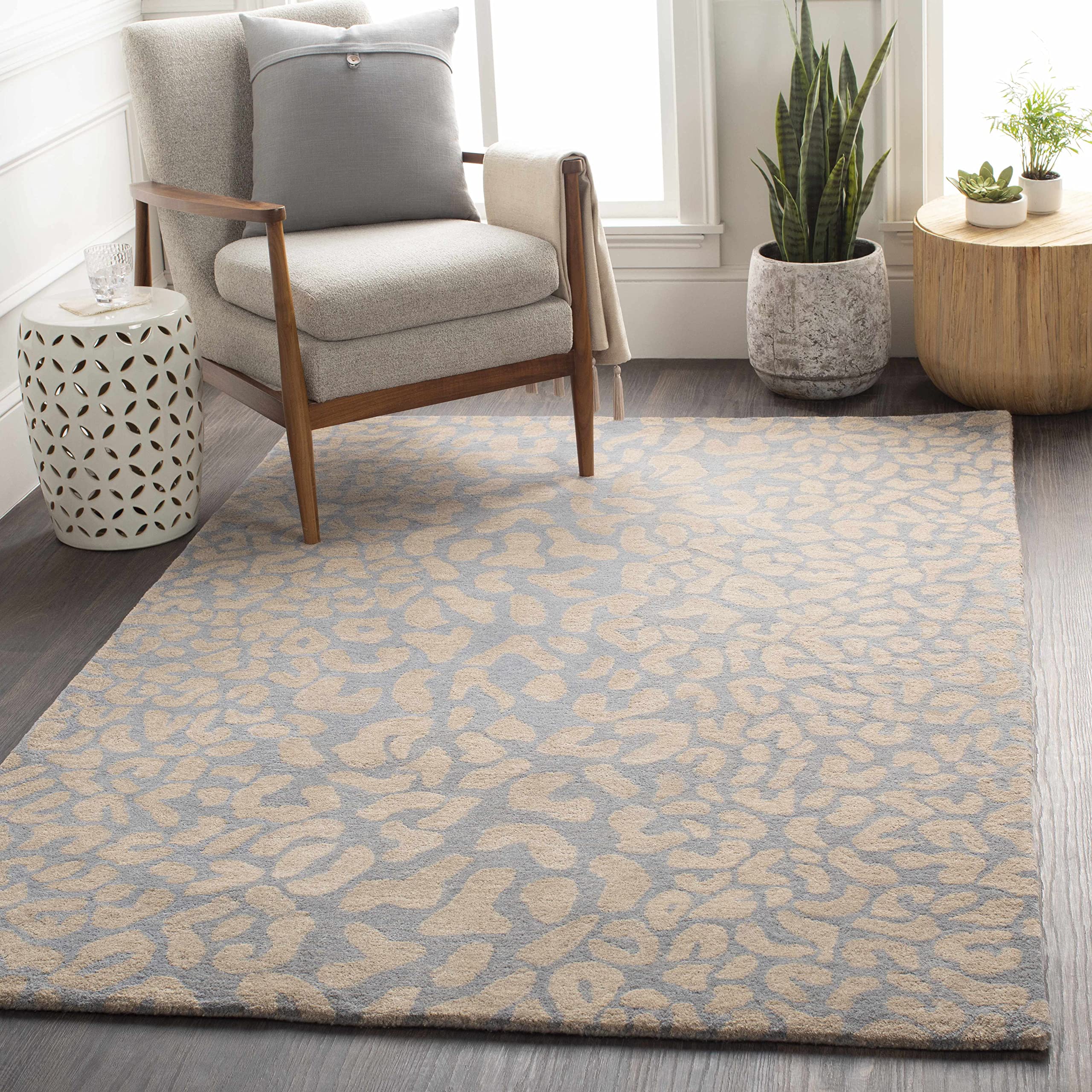 Hauteloom Curwensville Wool Area Rug for Living Room & Bedroom - Gray & Blue Hide, Leather & Fur Design - 6' x 9' - Soft & Durable Floor Decor for Cozy Home, Office or Nursery
