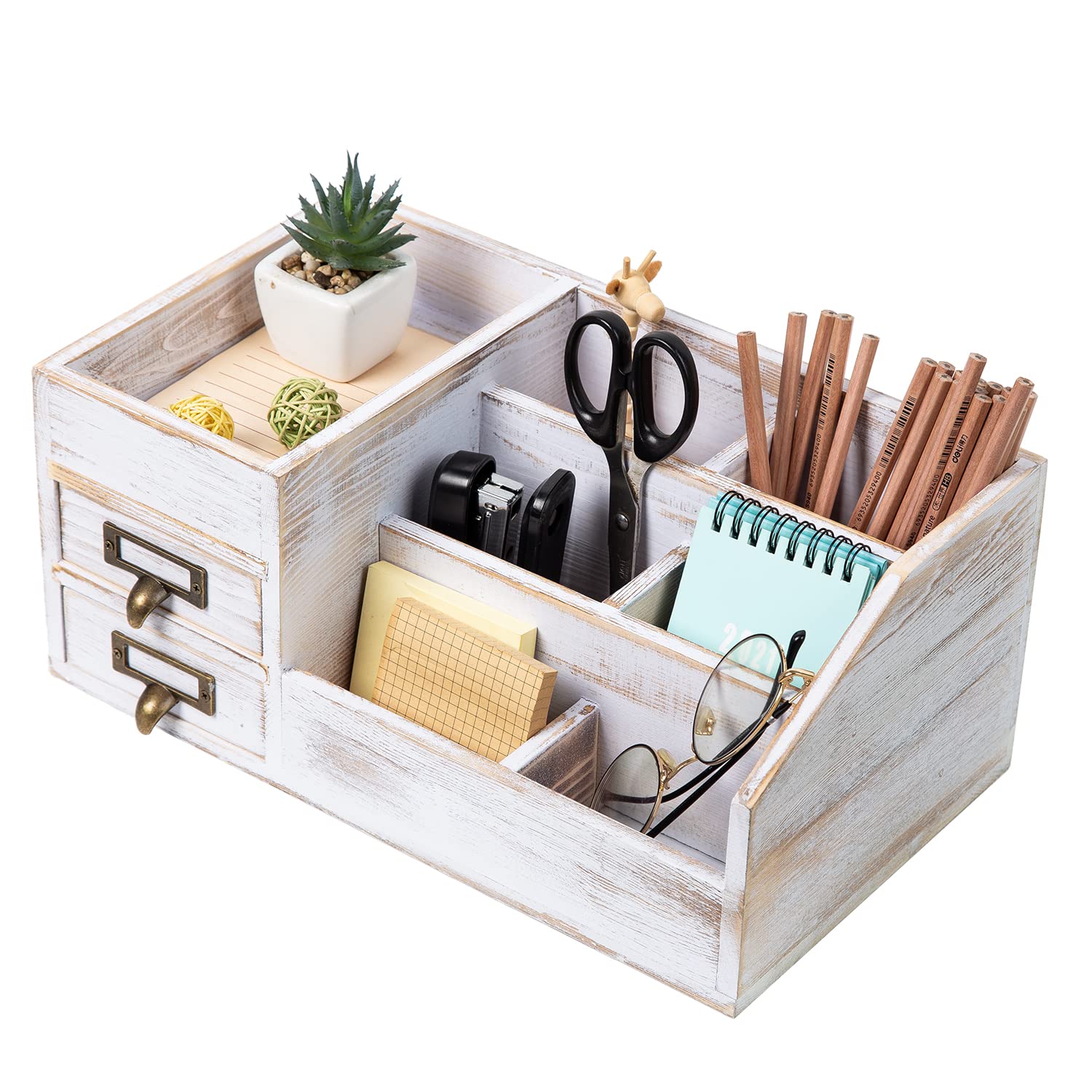 Distressed Rustic Wooden Office Desktop Organizer - 2-Tier Shelf with Drawers & Multiple Compartments for Jewelry Storage, Desk Organization, Vanity Display (Washed White) | Perfect for Home Office, Bedroom, Dorm & Gift Giving