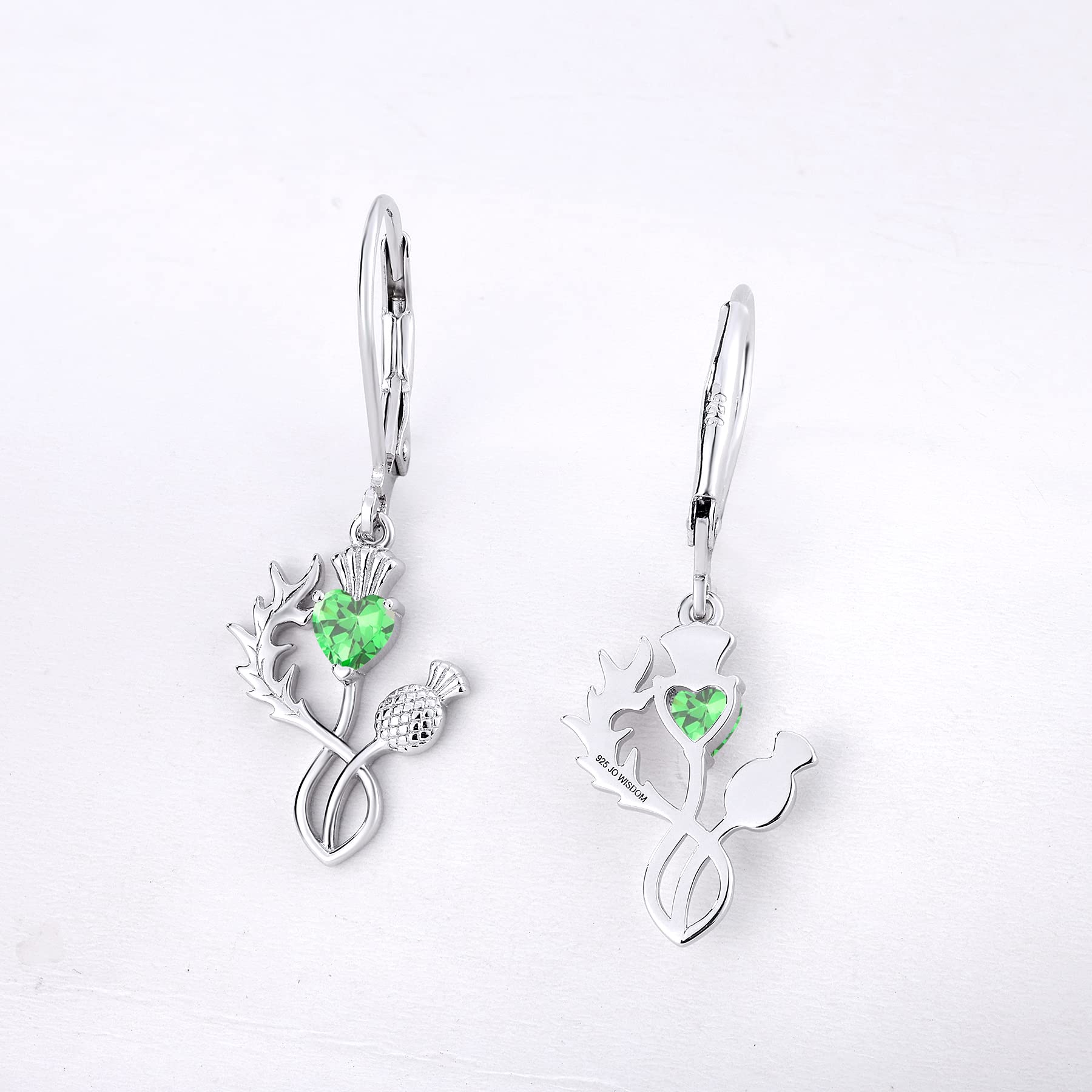 JO WISDOM Scottish Thistle Earrings - 925 Sterling Silver Scotland Flower Heart Outlander Drop Dangle Earrings with 3A CZ Birthstone - Women's Celtic Jewelry for Everyday Wear, Gift & Special Occasions