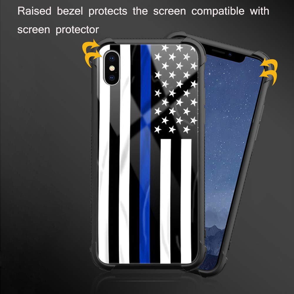 American Flag iPhone Xs Max Case - Blue Line Design with Tempered Glass Back & Soft Silicone TPU Shock Protection | Durable Cover for Everyday Use, Travel & Outdoor Activities