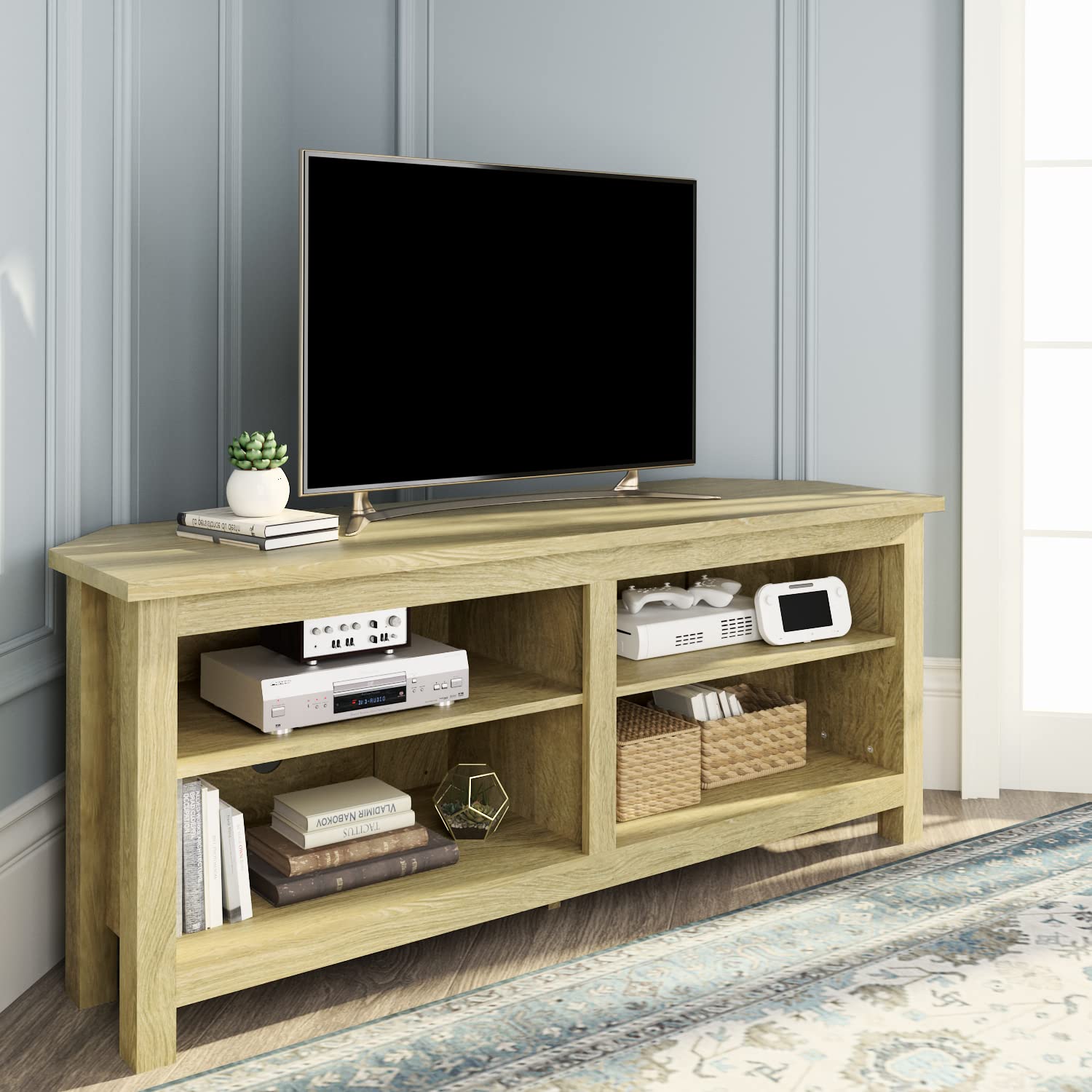 HOOMIC 58 Inch Rustic Oak Wooden Corner TV Stand Cabinet for 65 Inch TVs, Farmhouse Style Entertainment Center with 4 Open Shelves - Perfect for Living Room, Bedroom & Home Theater Setup