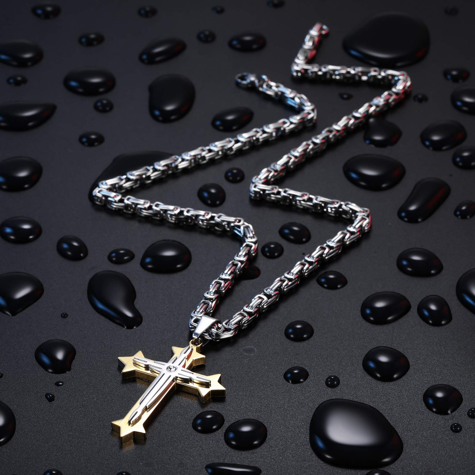 INBLUE Stainless Steel Cross Pendant Necklace for Men & Women - Cubic Zirconia Christian Jewelry with 22/24 inch Byzantine Chain - Faith Gifts for Prayer, Baptism & Daily Wear