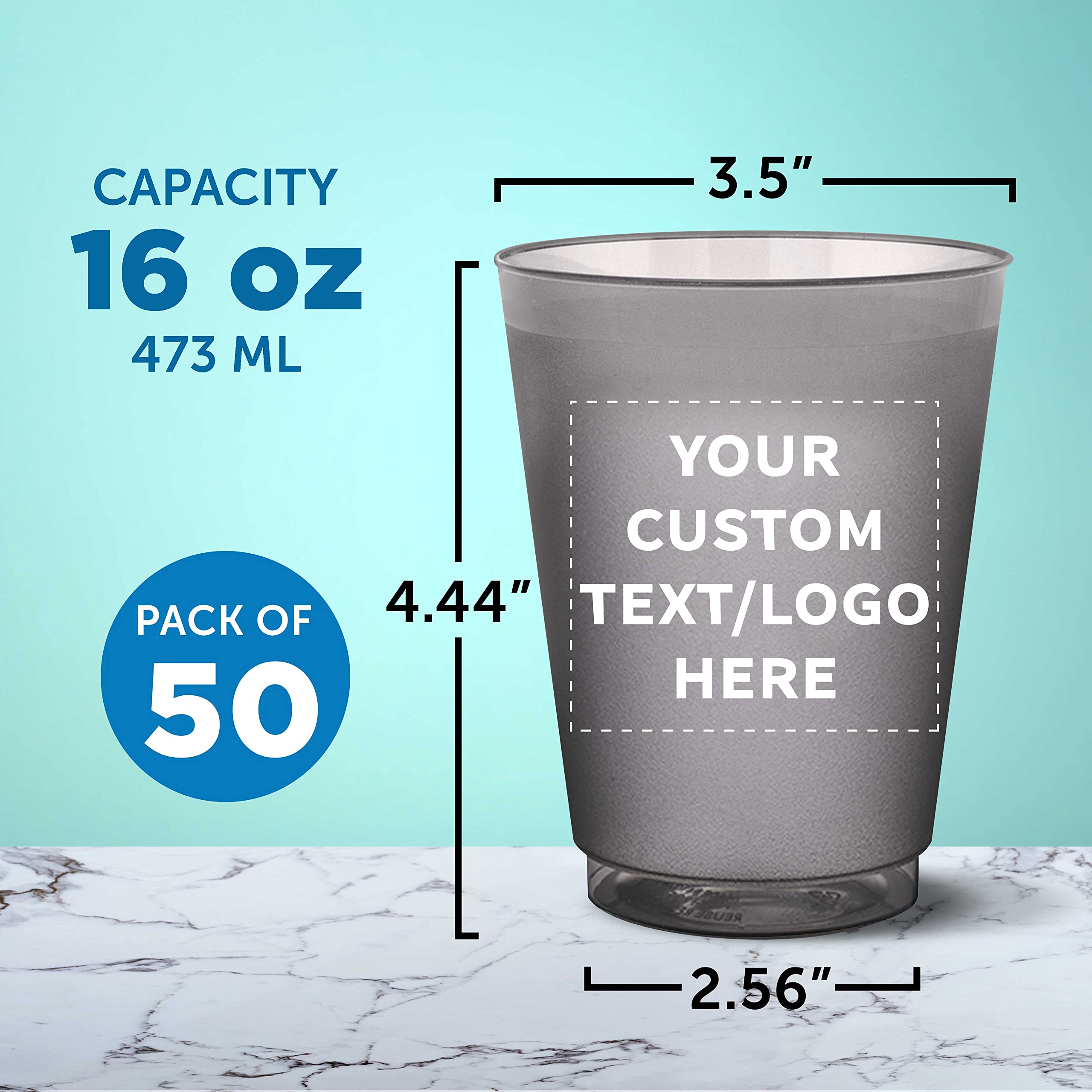Custom Printed 16 oz Frosted Plastic Stadium Cups - 50 Pack with Promotional Text & Logo - Shatterproof, Flexible, Reusable Party Cups for Sports Events, Tailgating, BBQs, and Outdoor Gatherings - Smoke Color