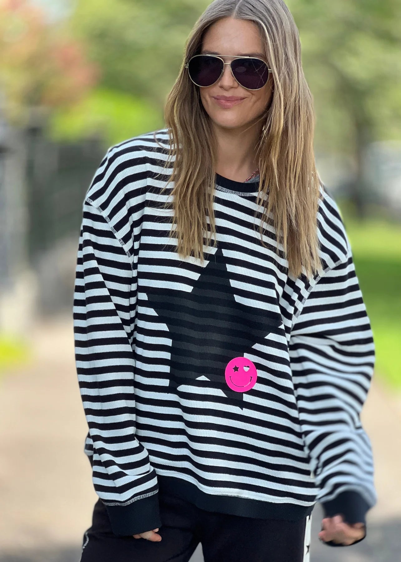 Star Stripe Black & White Waffle Knit Top for Women - Casual Loose Fit Long Sleeve Shirt for Fall & Winter | Perfect for Layering, Office Wear and Weekend Outfits