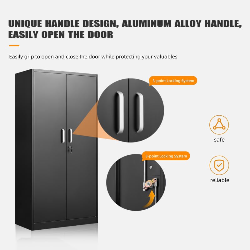 Heavy-Duty Black Metal Storage Cabinet with 2 Lockable Doors & Adjustable Shelves - 71