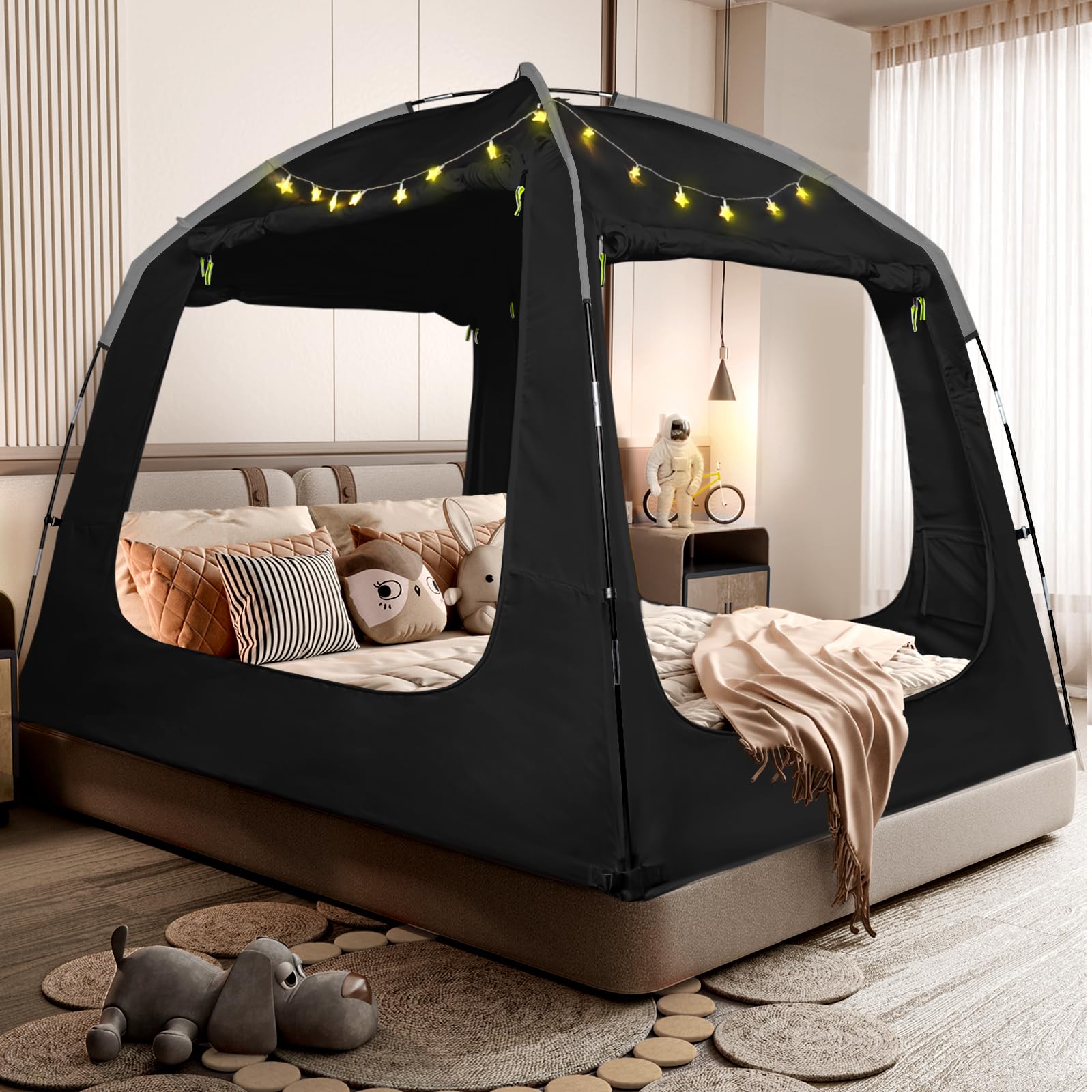 Breathable Bed Tent Canopy for Adults & Kids - Light Reduction Sleeping Dream Tent with String Lights - Indoor Portable Big Space - 4 Doors - Fits Twin, Full, Queen & King Size Beds - Perfect for Camping, Sleepovers & Privacy at Home