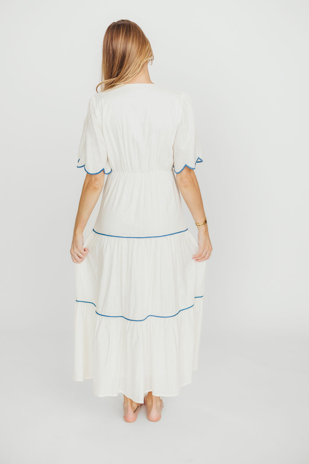 Lena Embroidered Tiered Midi Dress - Off White & Blue Floral Summer Dress for Women | Perfect for Beach Vacations, Garden Parties & Date Nights