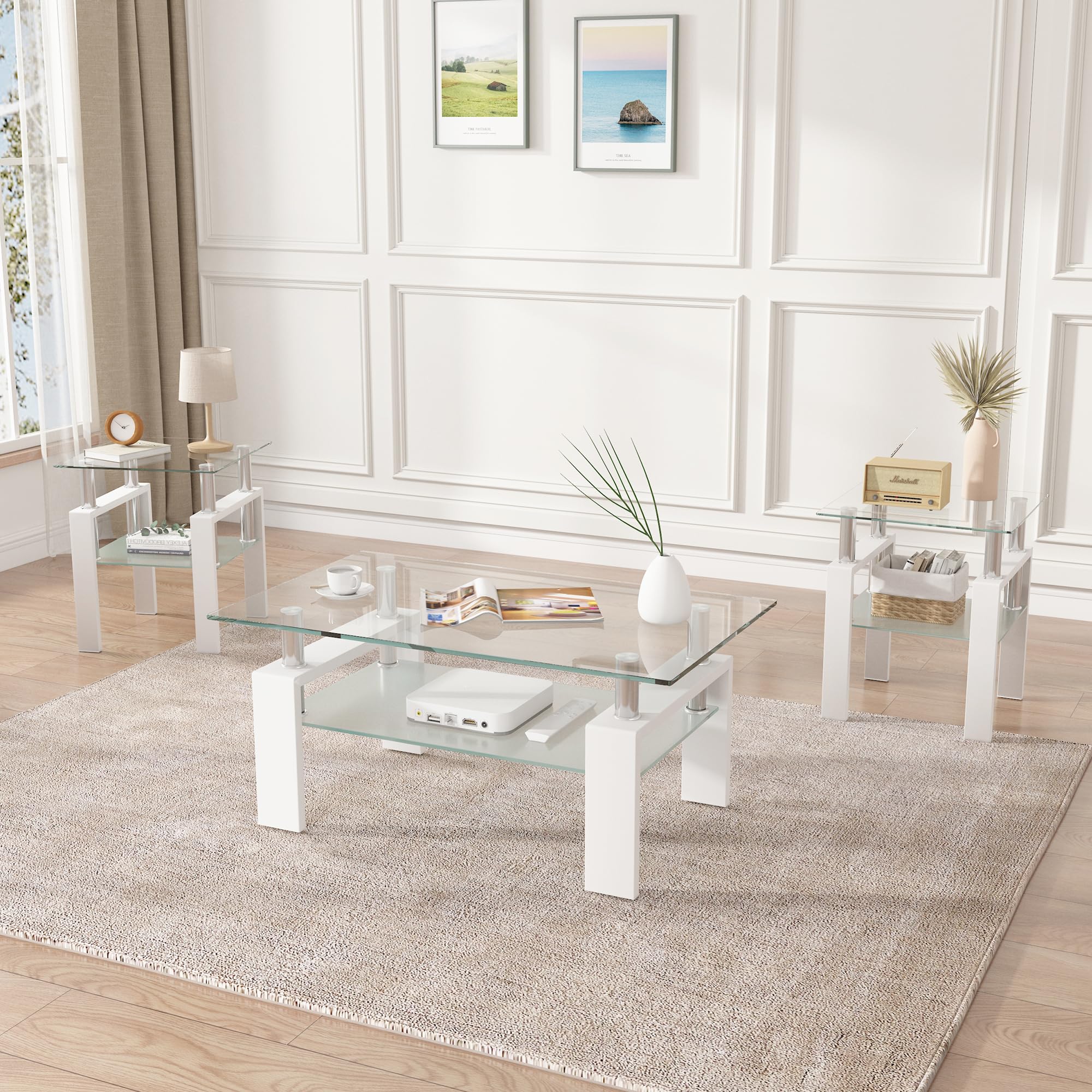 3 Piece Modern Glass Coffee Table Set with Tempered Glass Top & Sturdy Metal Legs - Includes Coffee Table and 2 End Tables - White Legs & Clear Glass - Perfect for Living Room, Bedroom or Office Furniture (Style 1)