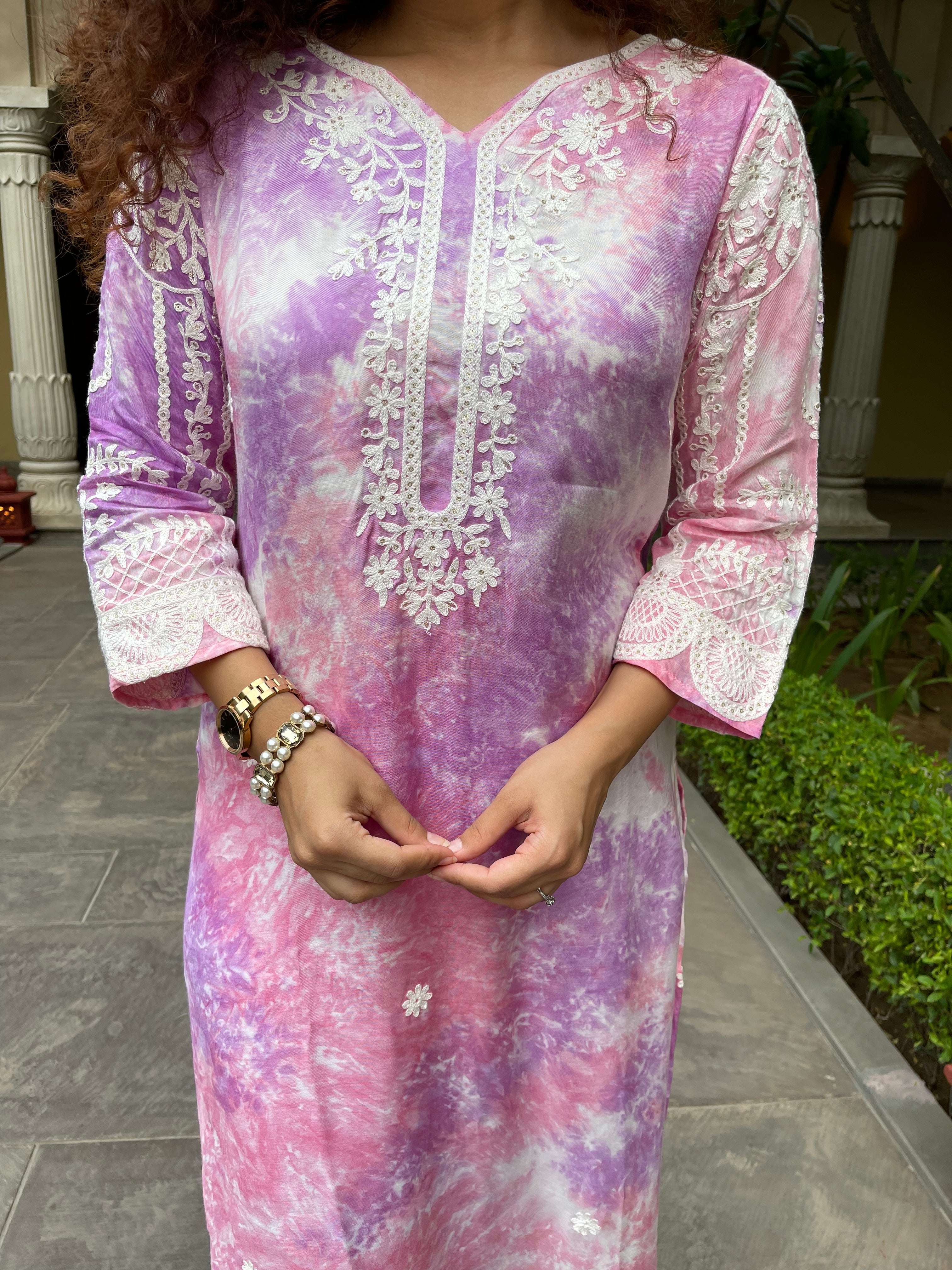 Stylish Purple Tie And Dye Lucknowi Kurta Suit Set for Women | Traditional Indian Ethnic Wear | Perfect for Festivals, Weddings & Special Occasions
