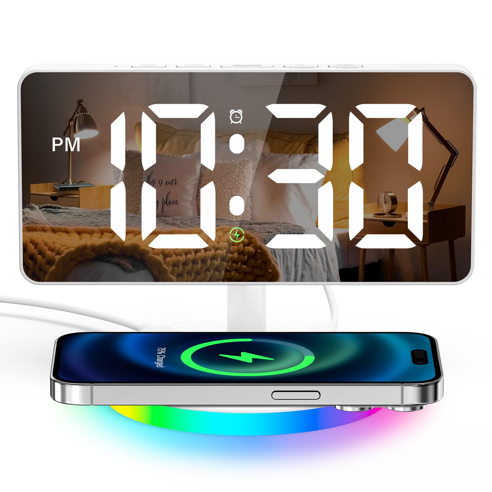 Wireless Charging Digital Alarm Clock with LED Mirror Display - Adjustable Brightness (5 Levels + OFF), Progressive Volume, USB Charger & Dimmable Night Light for Bedroom, Home, Office Decor | Perfect for Nightstands, Desks & Gift Giving