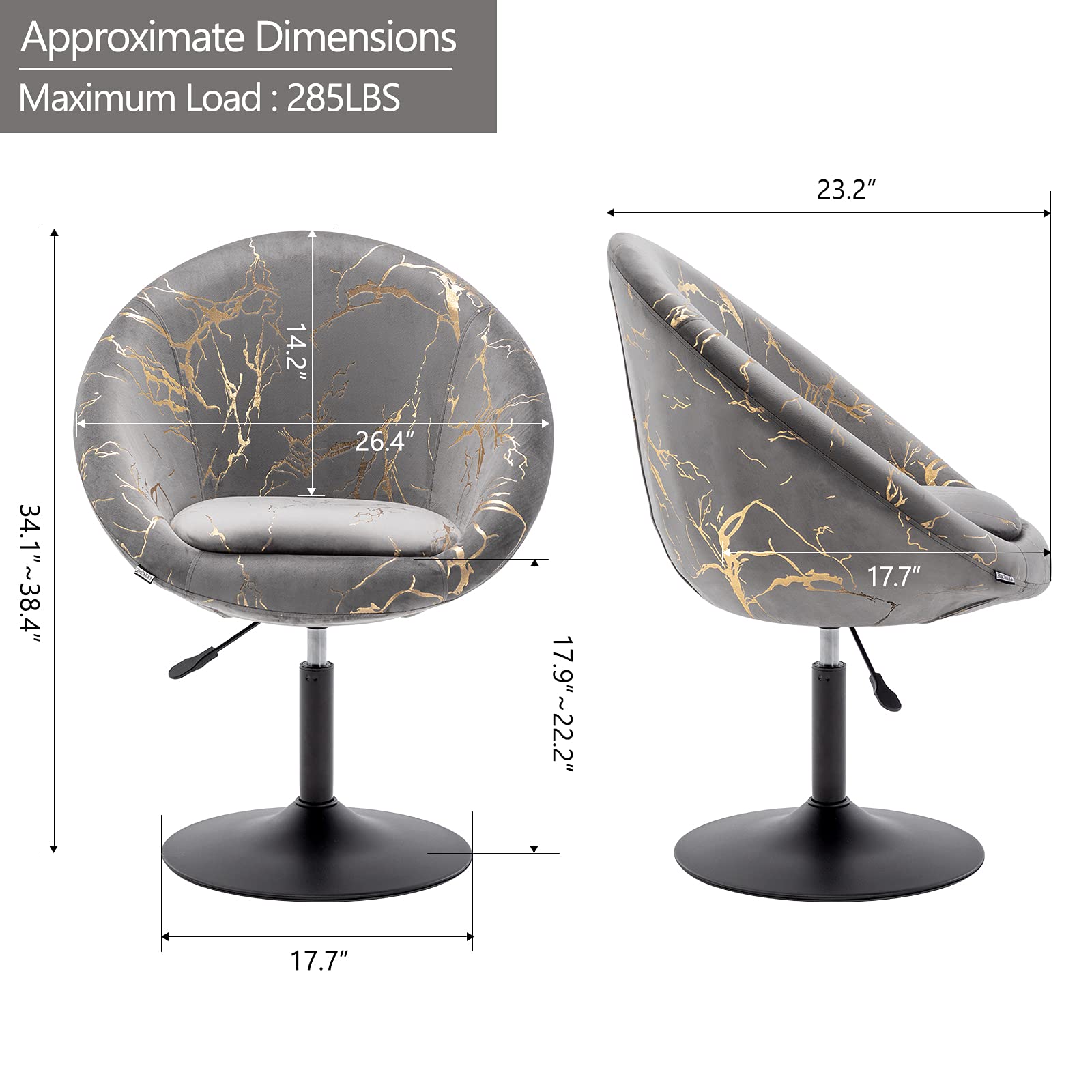 Modern Accent Swivel Chair - Adjustable Height Upholstered Vanity Makeup Salon Chair with Bronzing Fabric for Living Room, Lounge, Pub & Home Office - Grey
