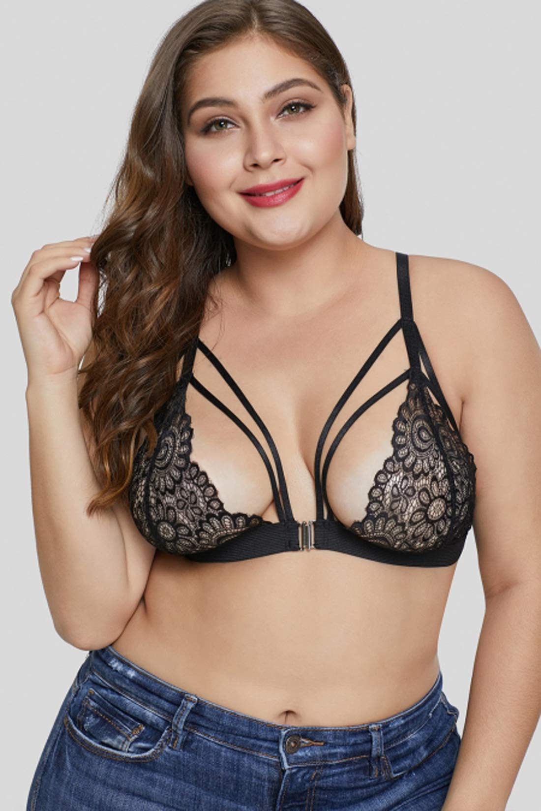 **Plus Size Sexy Bralette Lingerie for Women - Floral Sheer Lace Strappy Bra Top | Comfortable & Supportive Underwear for Everyday Wear or Special Occasions**