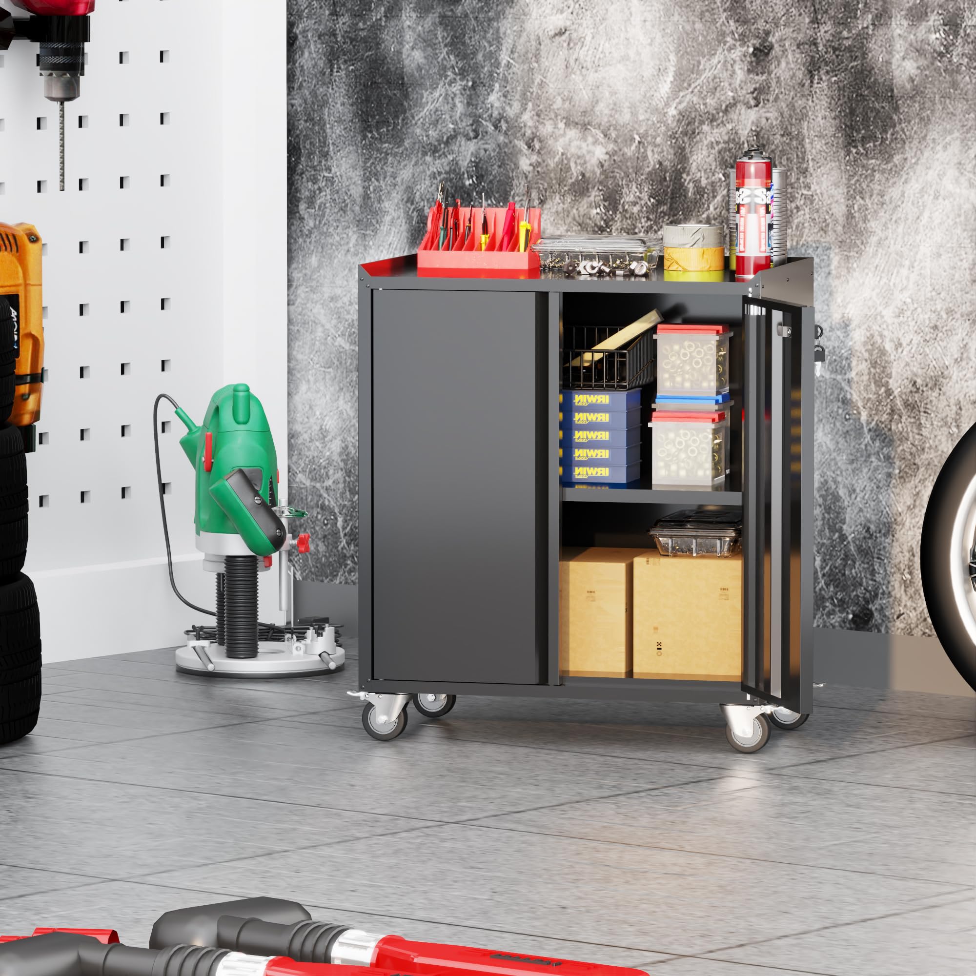 Aobabo 2-Door Heavy Duty Metal Tool Storage Cabinet with Wheels - Locking Steel Rolling Tool Chest for Garage Organization, Includes 1 Adjustable Shelf (Assembly Required) - Perfect for Workshop, Garage, and Industrial Tool Storage