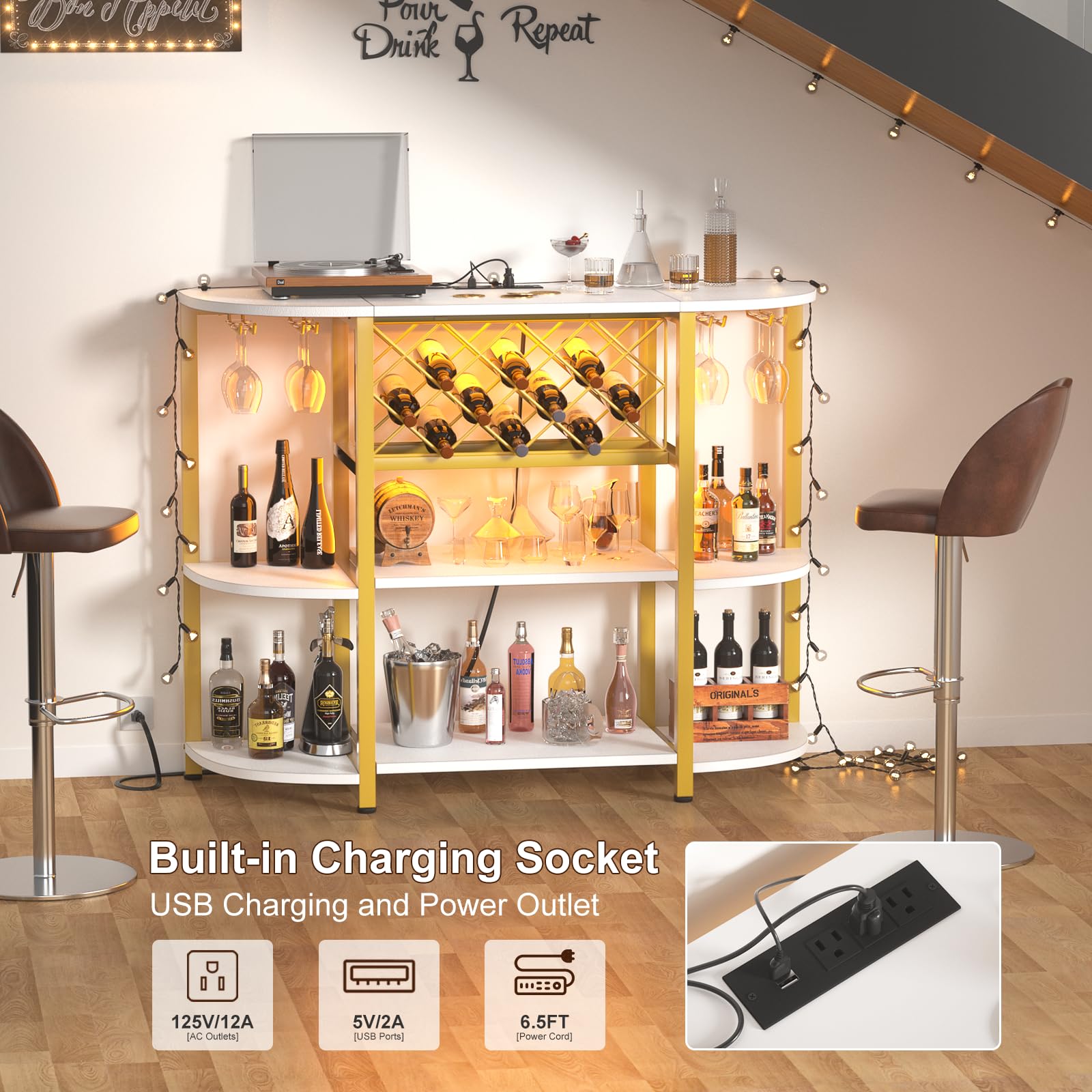 Premium 4-Tier Metal Coffee Bar Cabinet with Power Outlet & LED Lights - Freestanding Kitchen Bar Table with Glass Holder & Wine Storage - Elegant White & Gold Baker's Rack for Dining Room, Living Room & Home Bar Decor