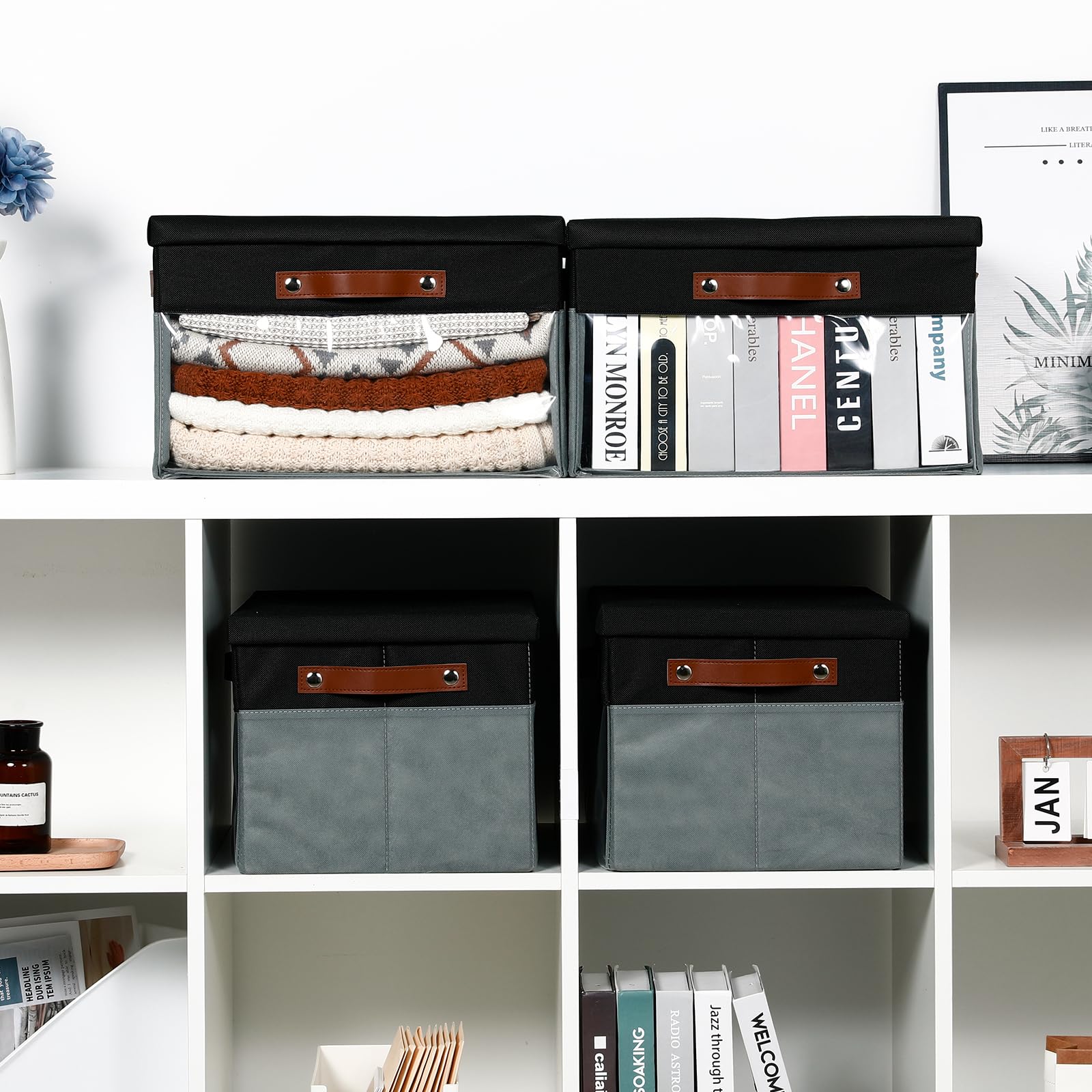 Bidtakay 4-Pack Collapsible Storage Bins with Lids & Clear Windows - 15 x 11 Inch Fabric Closet Organizers with Handles, Foldable Storage Baskets for Shelves, Clothes, Toys & Home Organization (Black/Grey) - Perfect for Bedroom, Closet, Nursery & Office Storage Solutions