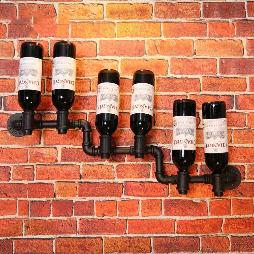 5-Bottle Wall Mounted Wine Rack - Black Wrought Iron Inverted Wine Bottle Holder for Kitchen, Bar & Dining Room Decor - Space-Saving Wine Storage Shelf with Water Pipe Design